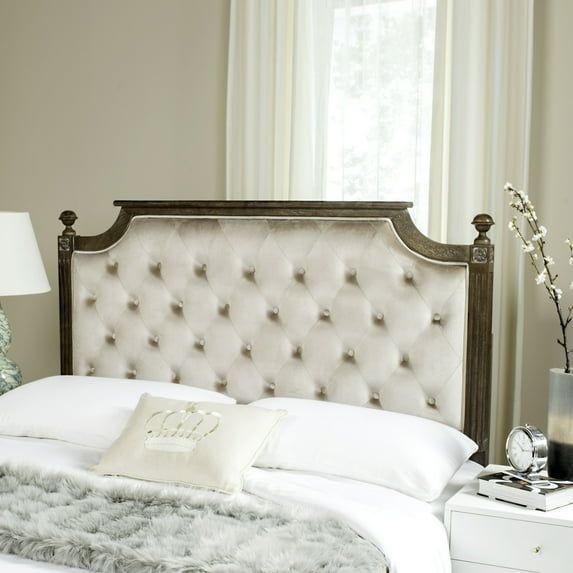 Full Beige Velvet Tufted Upholstered Oak Headboard