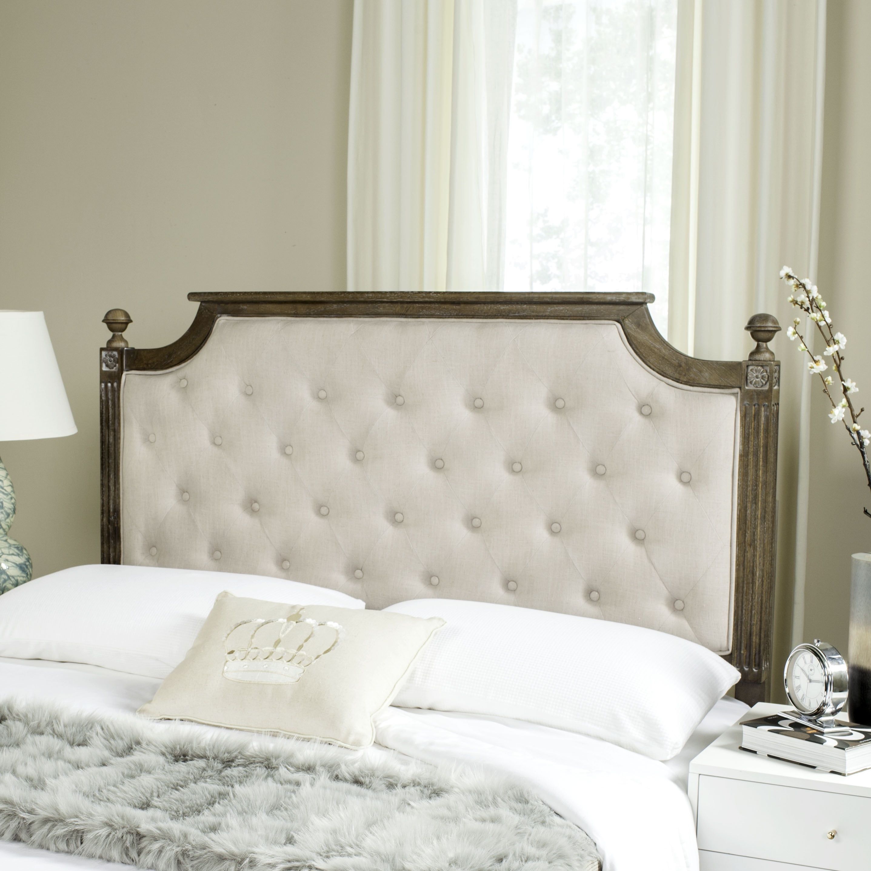Queen Beige Linen Tufted Upholstered Headboard with Rustic Oak Finish