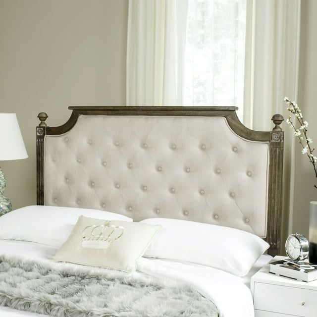 Queen Beige Linen Tufted Upholstered Headboard with Rustic Oak Finish