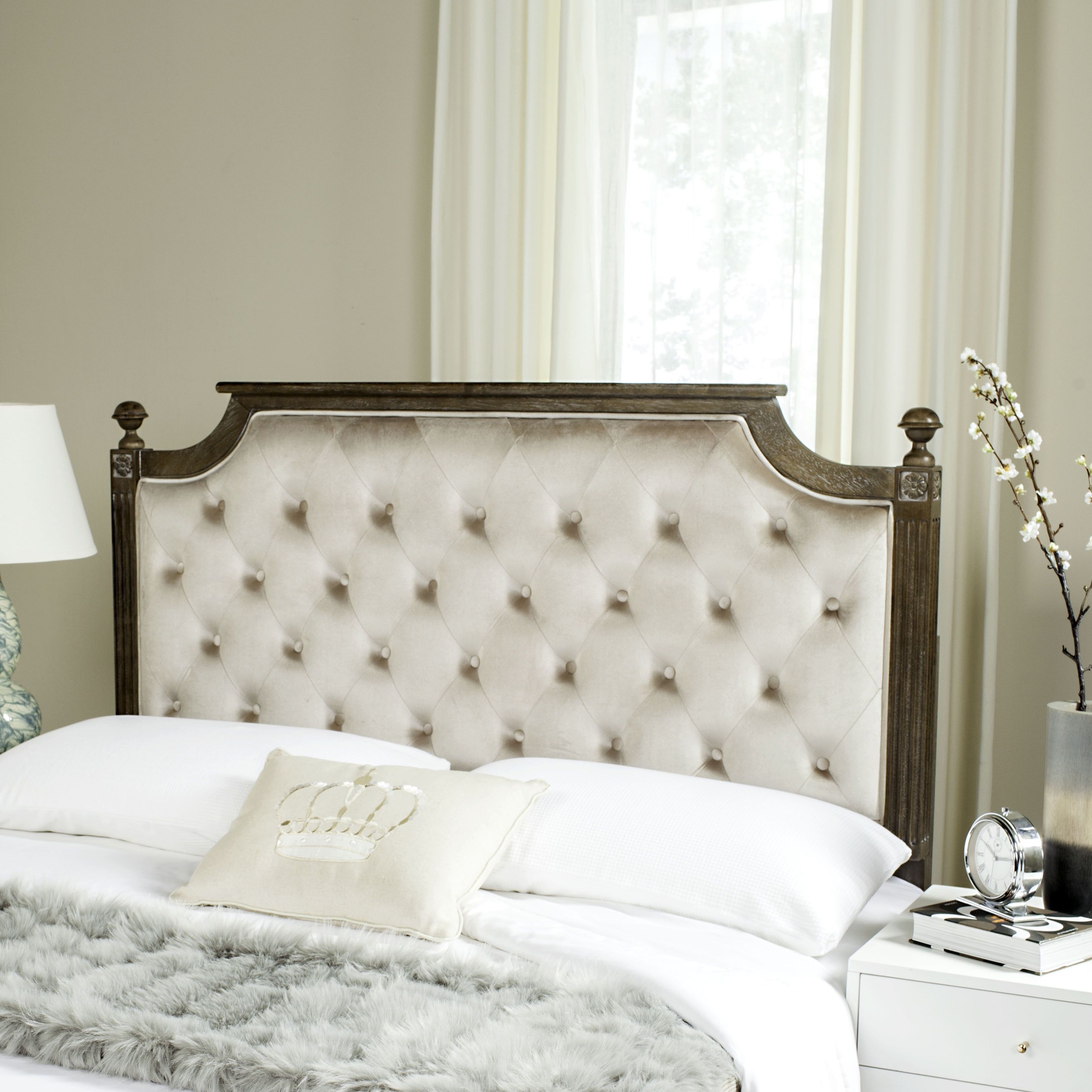 Rustic Oak Wood Beige Tufted Velvet Queen Headboard