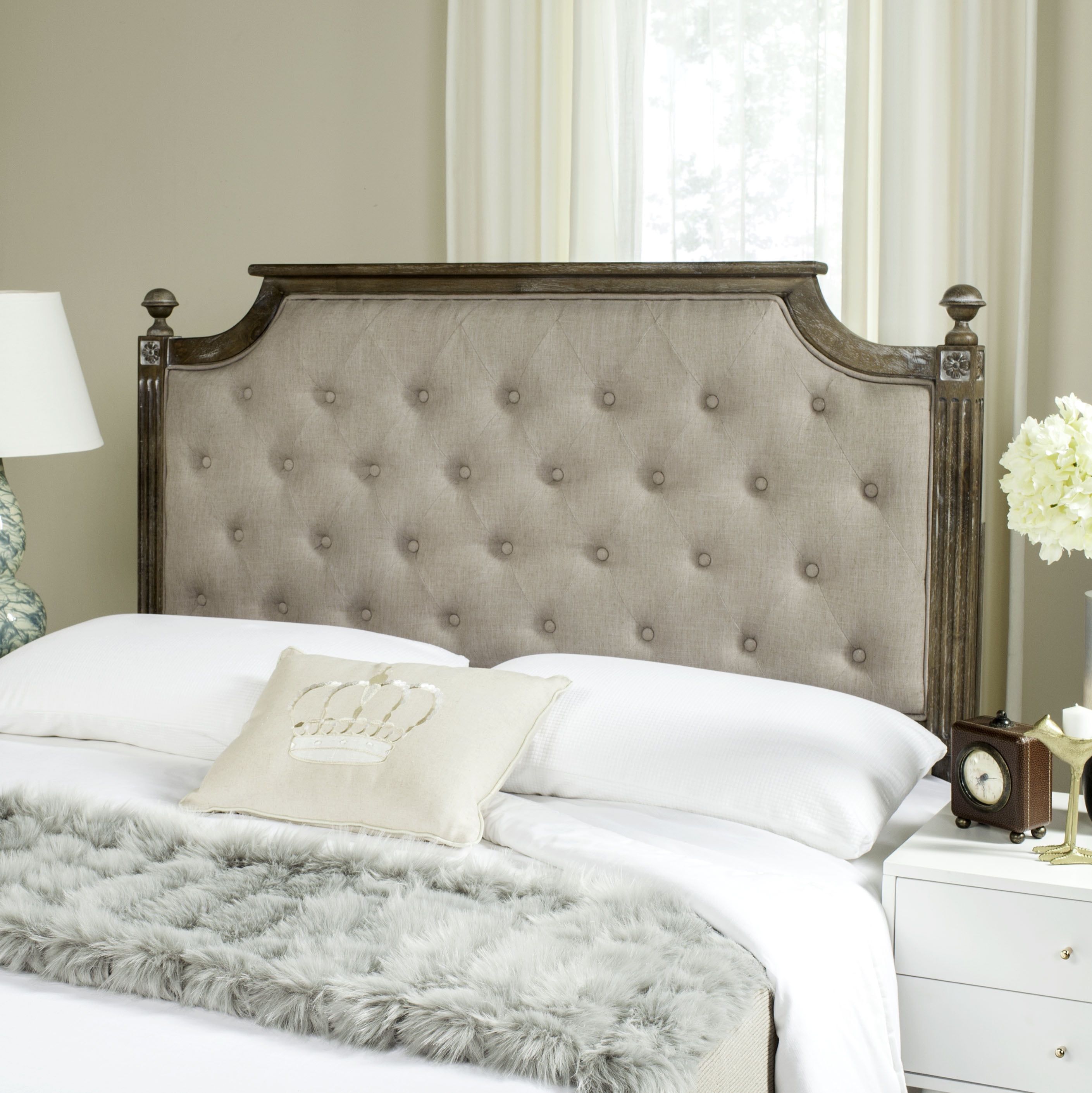 Beige Tufted Upholstered Queen Headboard with Wood Frame