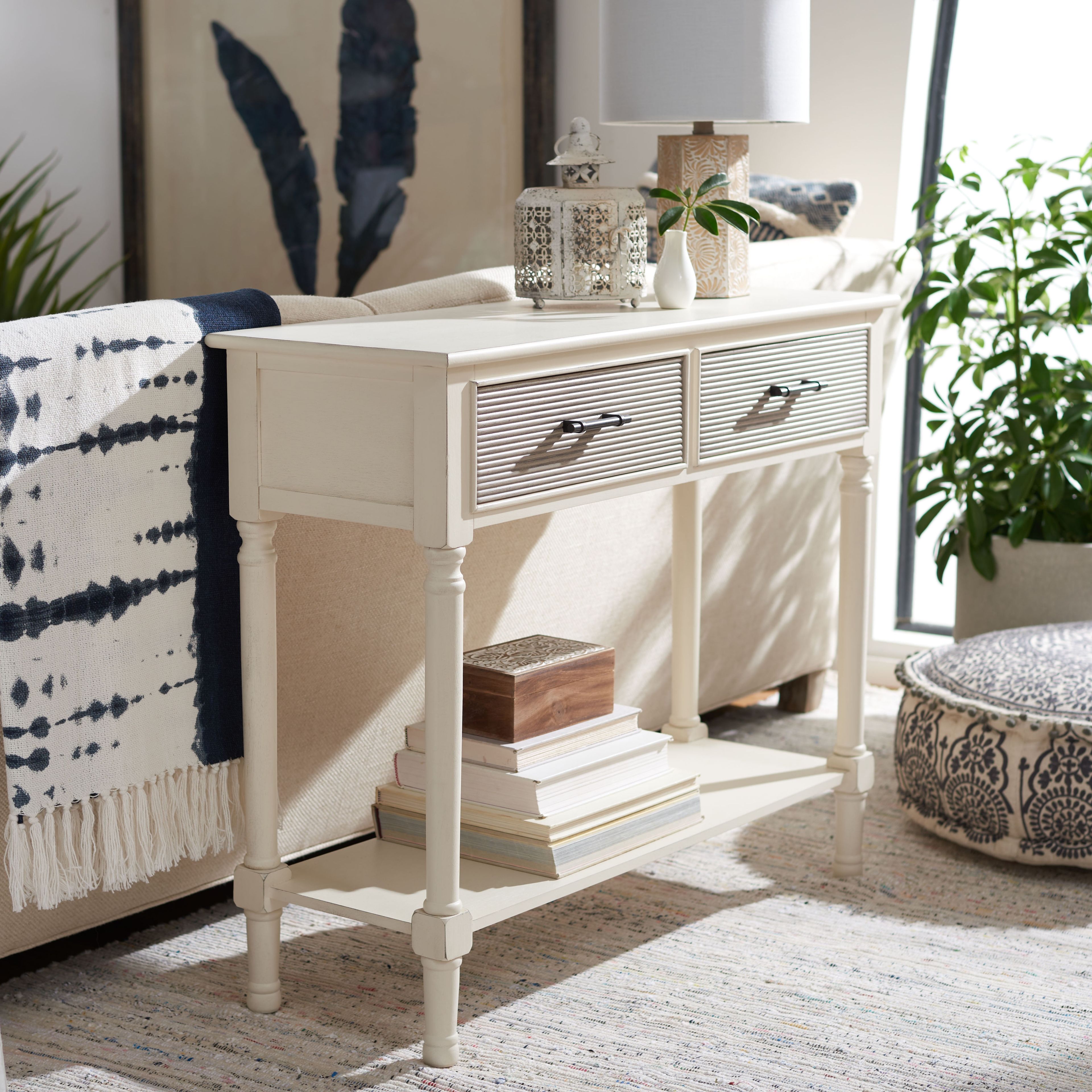 Distressed White and Greige 2-Drawer Console Table with Storage