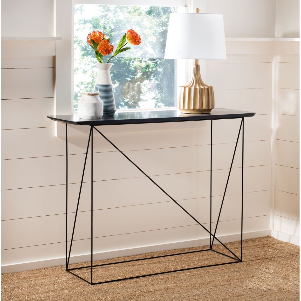 Rylee Black Wood and Metal Console Table with Storage