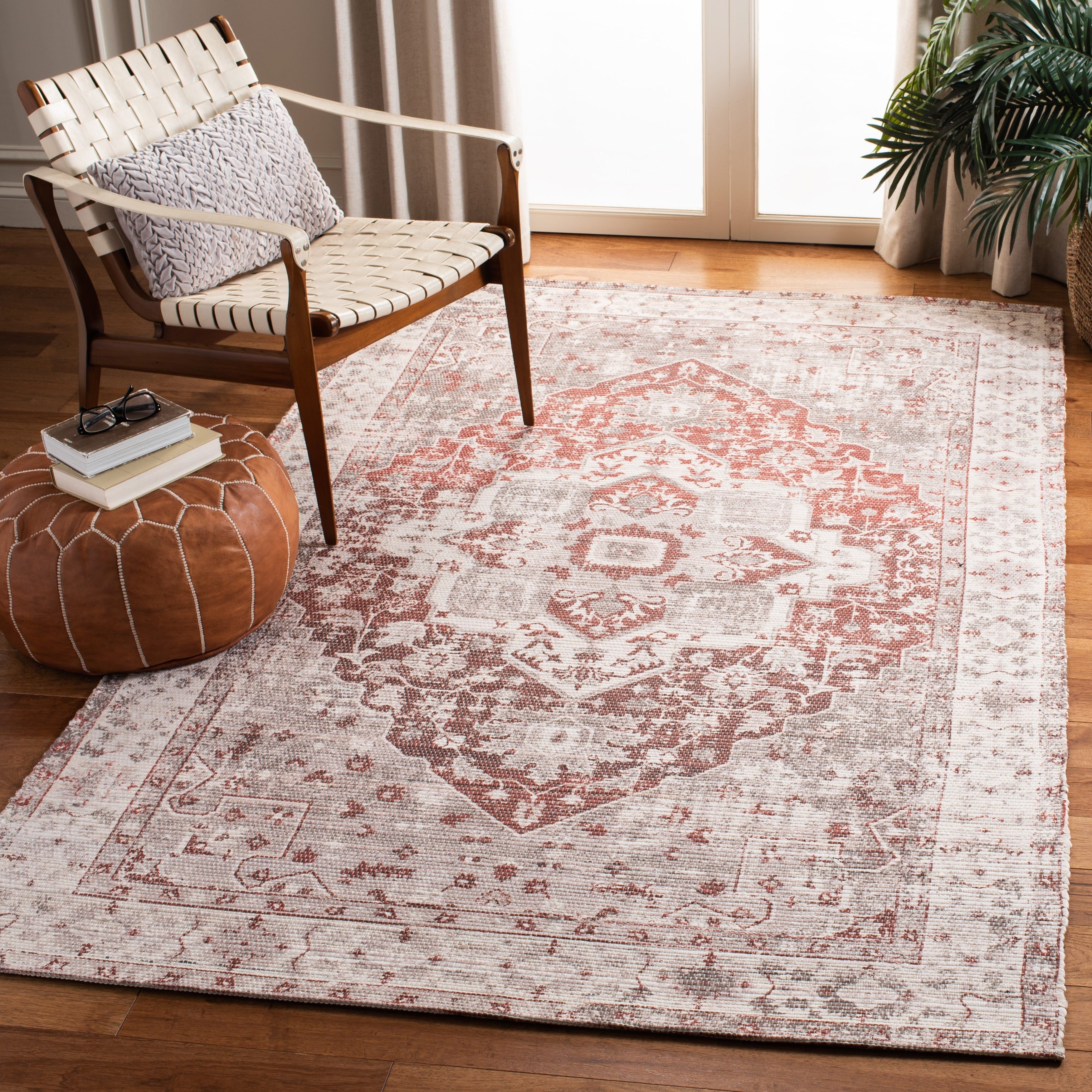 Ivory and Rust Cotton Floral Bordered 5' x 8' Area Rug