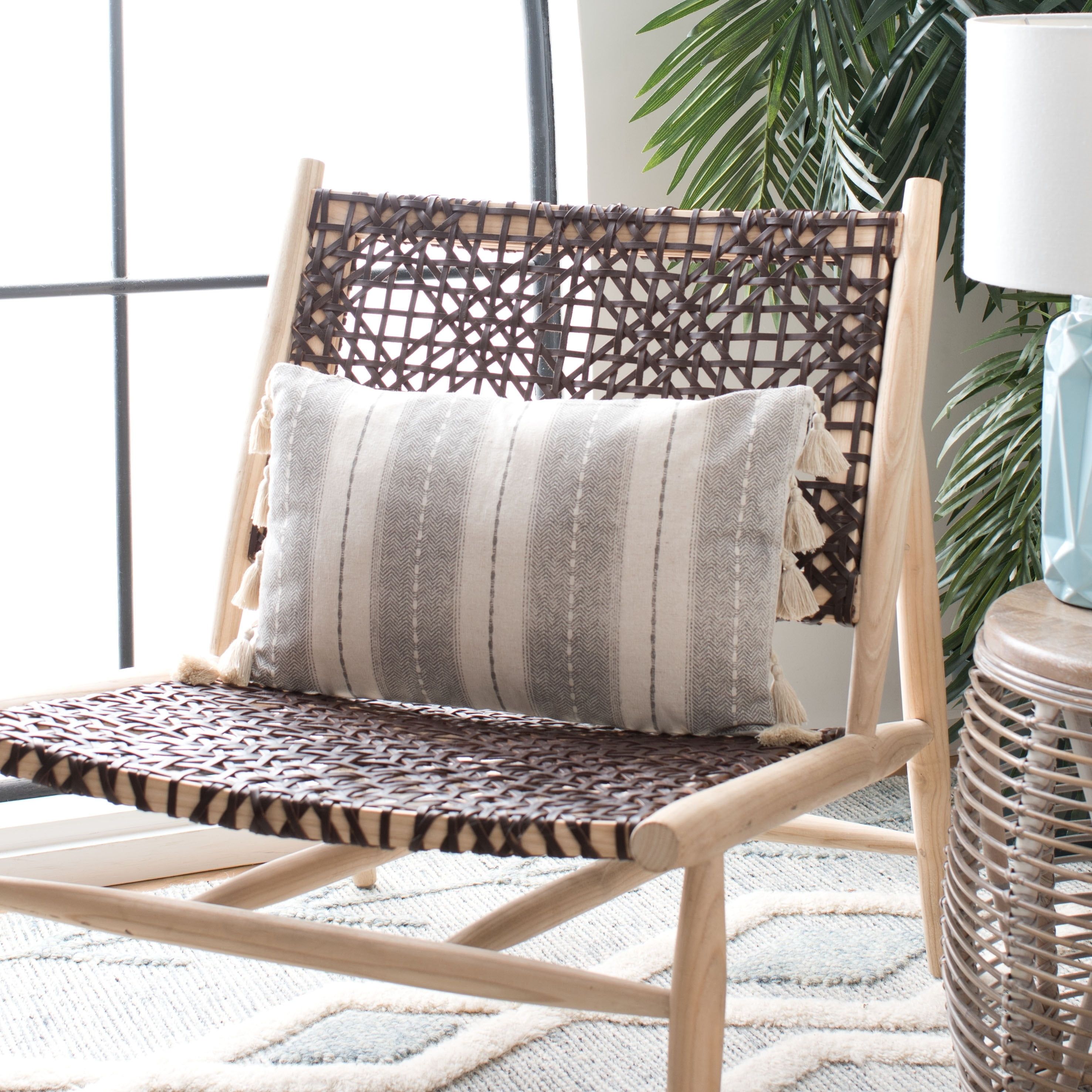 Gray and White Striped Rectangular Pillow with Tassels