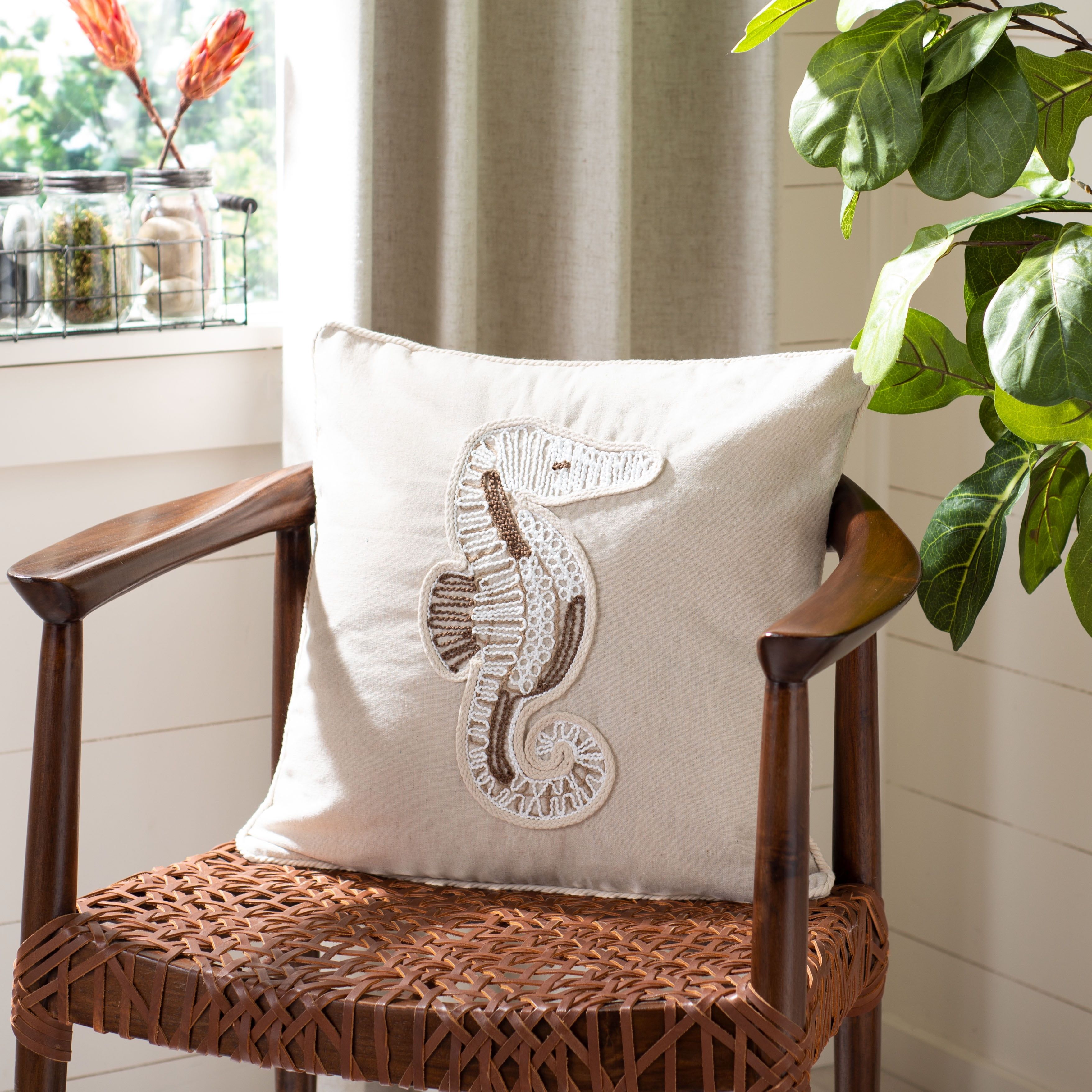 Natural Linen Coastal Seahorse Embroidered 18" Square Pillow