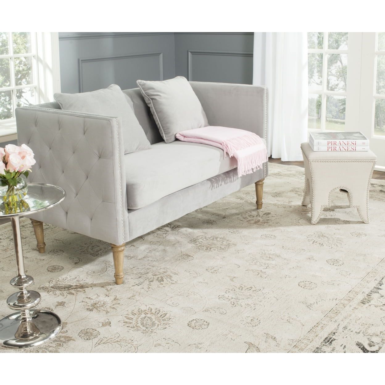 Elegant Gray Velvet Tufted Chesterfield Loveseat with Nailhead Accents