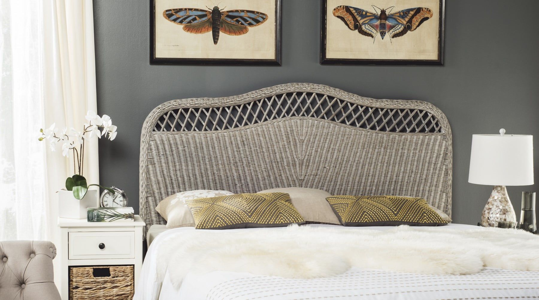 Antique Grey Full Woven Rattan Headboard with Open Trellis