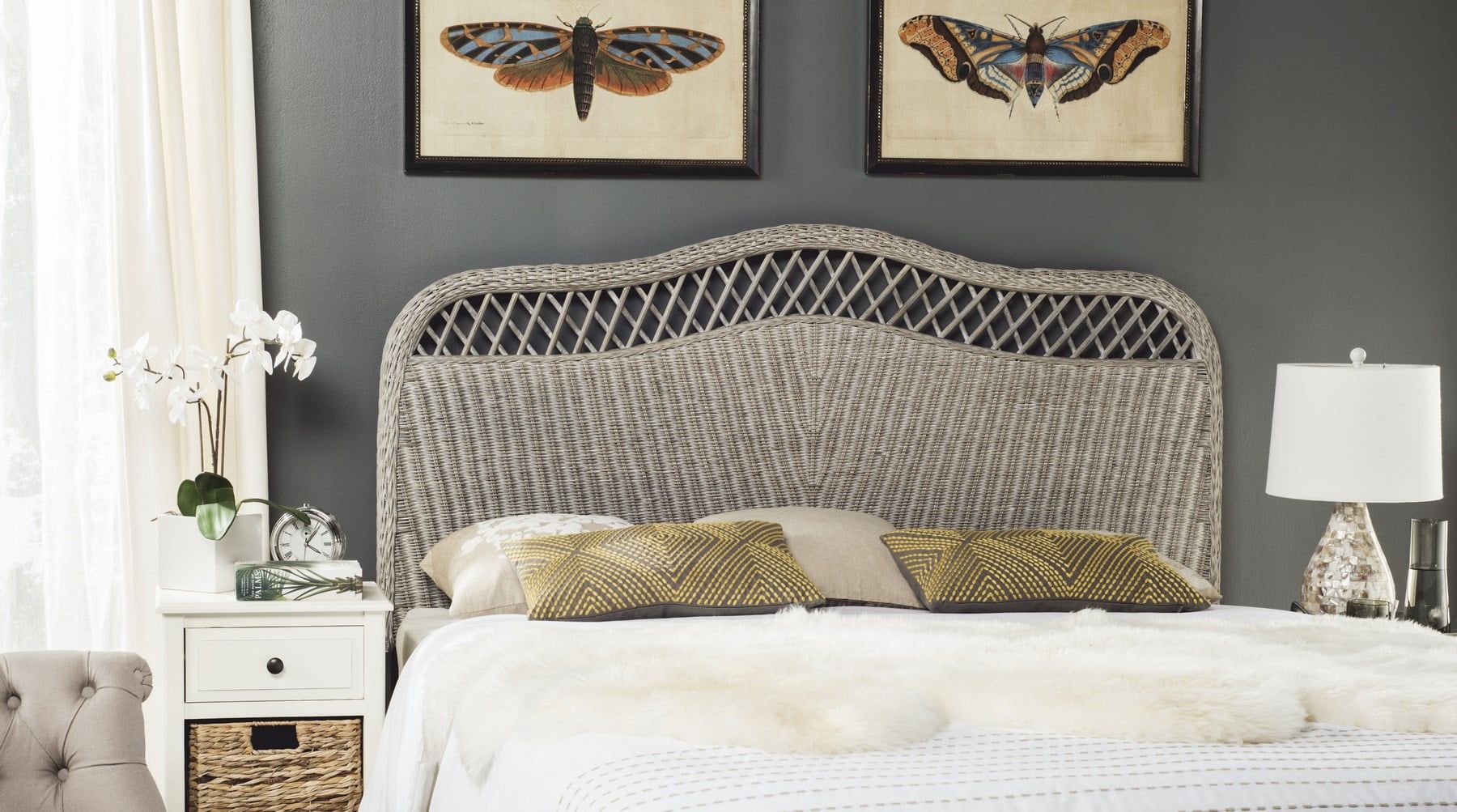 Antique Grey Queen Transitional Rattan Headboard