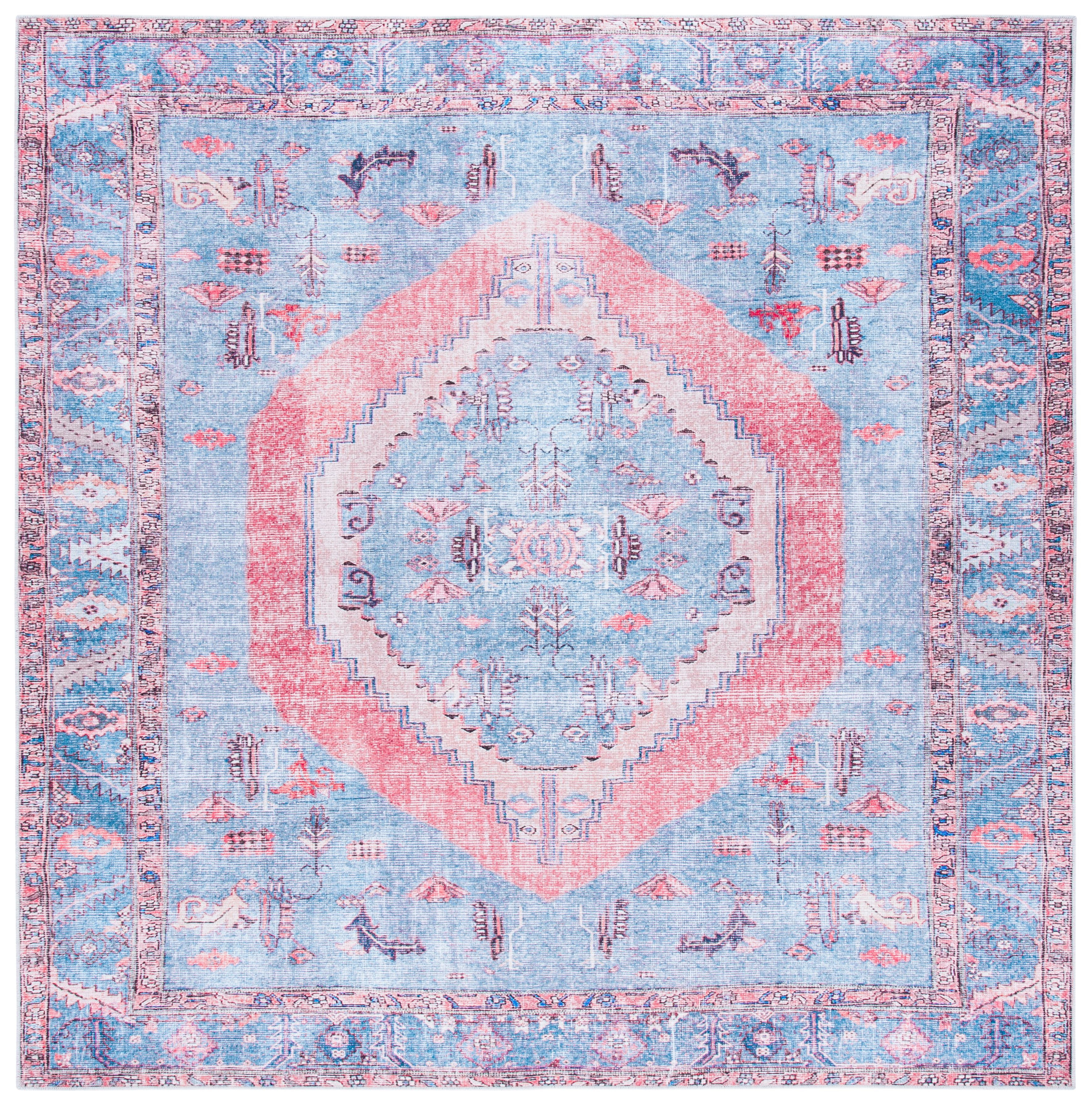 Light Blue and Beige Square Washable Synthetic Chenille Rug
