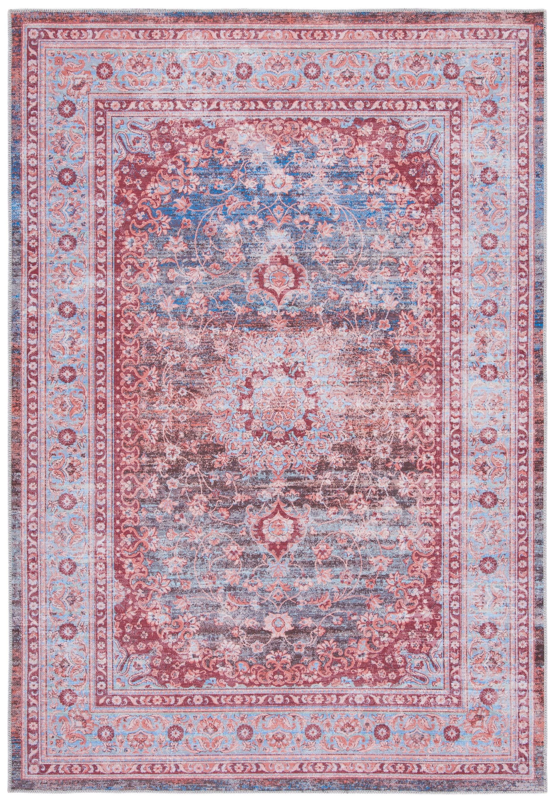 Light Blue and Red Rectangular Viscose Washable Rug