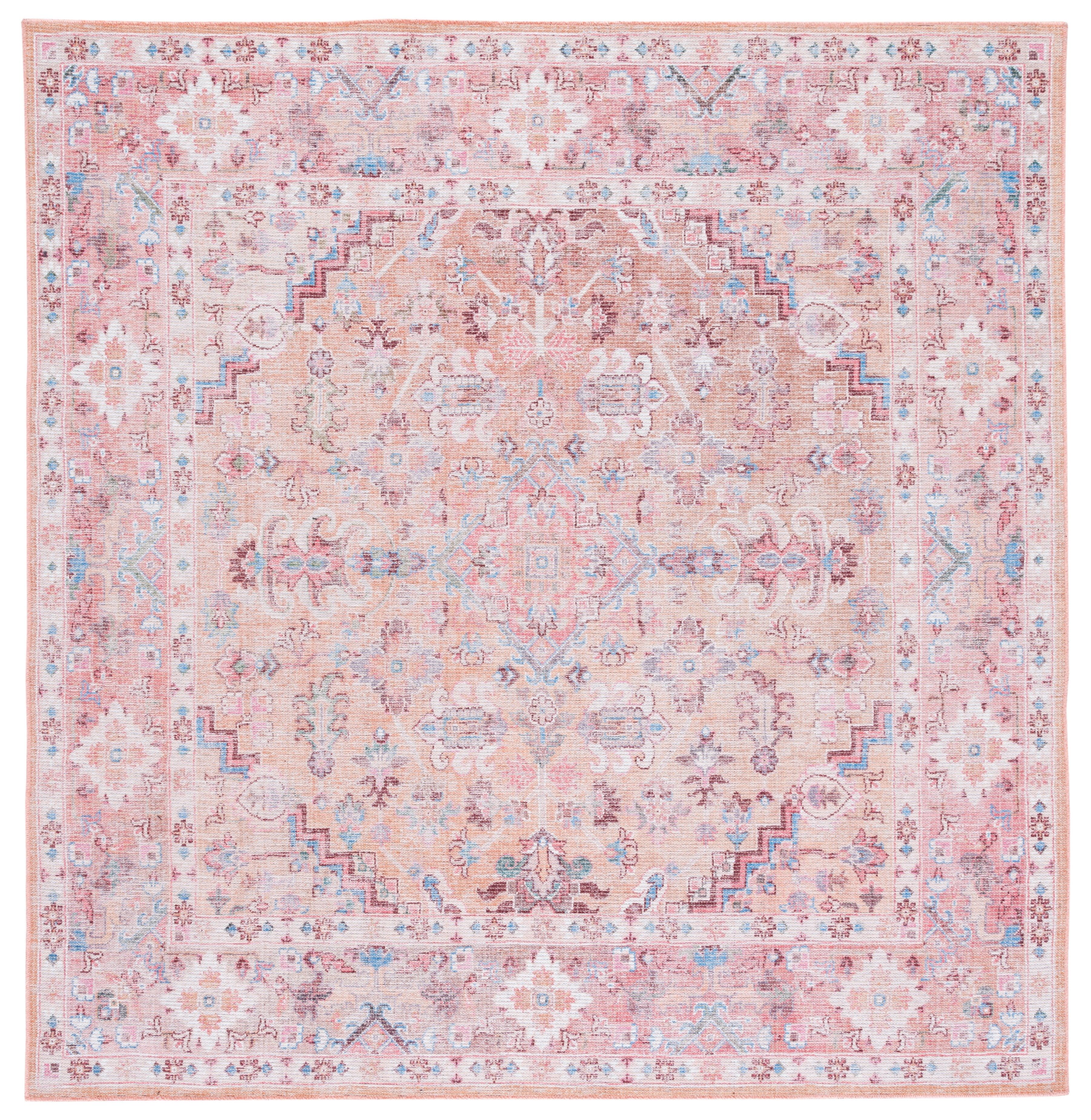 Beige and Pink Square Washable Viscose Chenille Rug