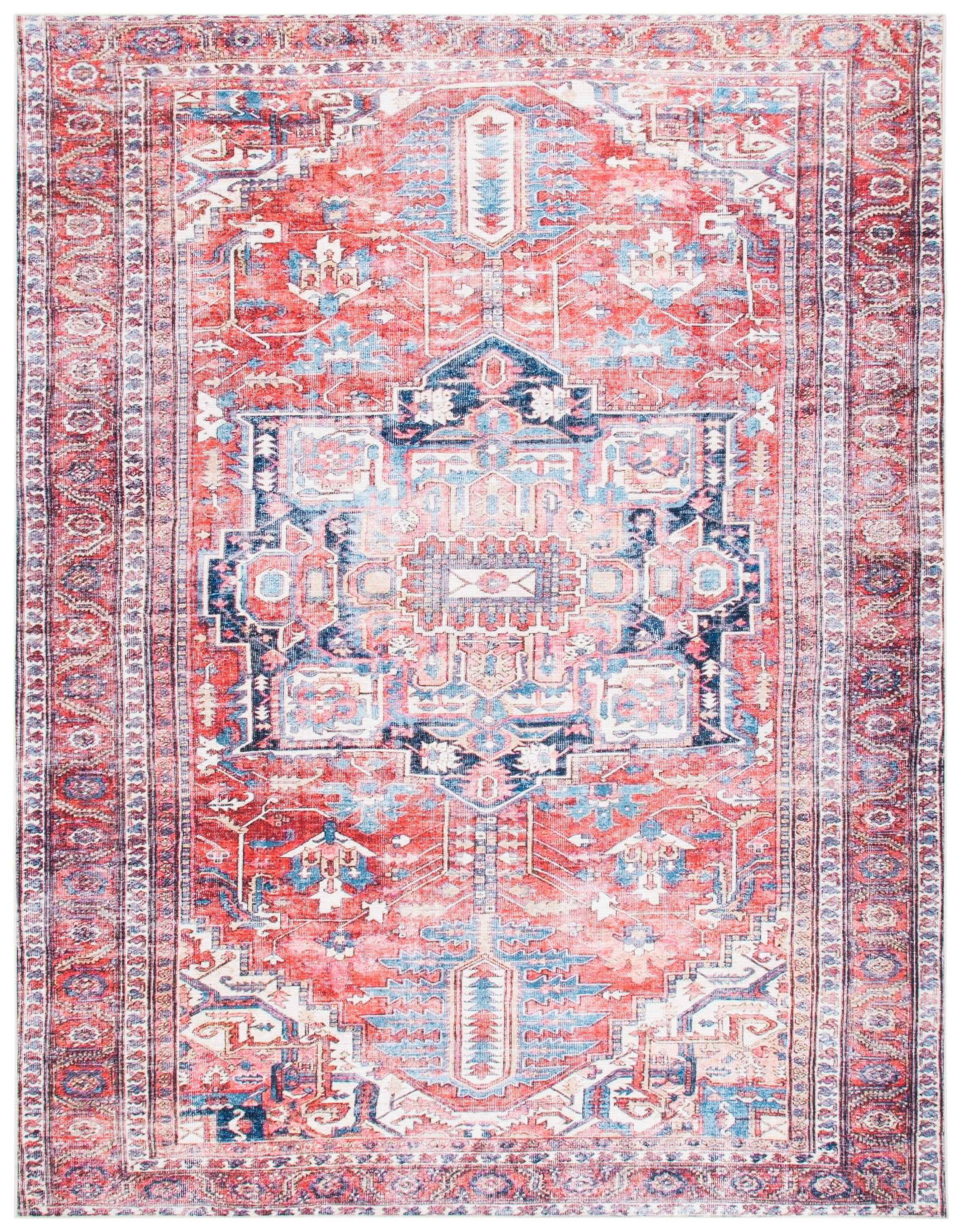 Serapi Red and Navy 6'7" x 9' Machine Washable Viscose Area Rug