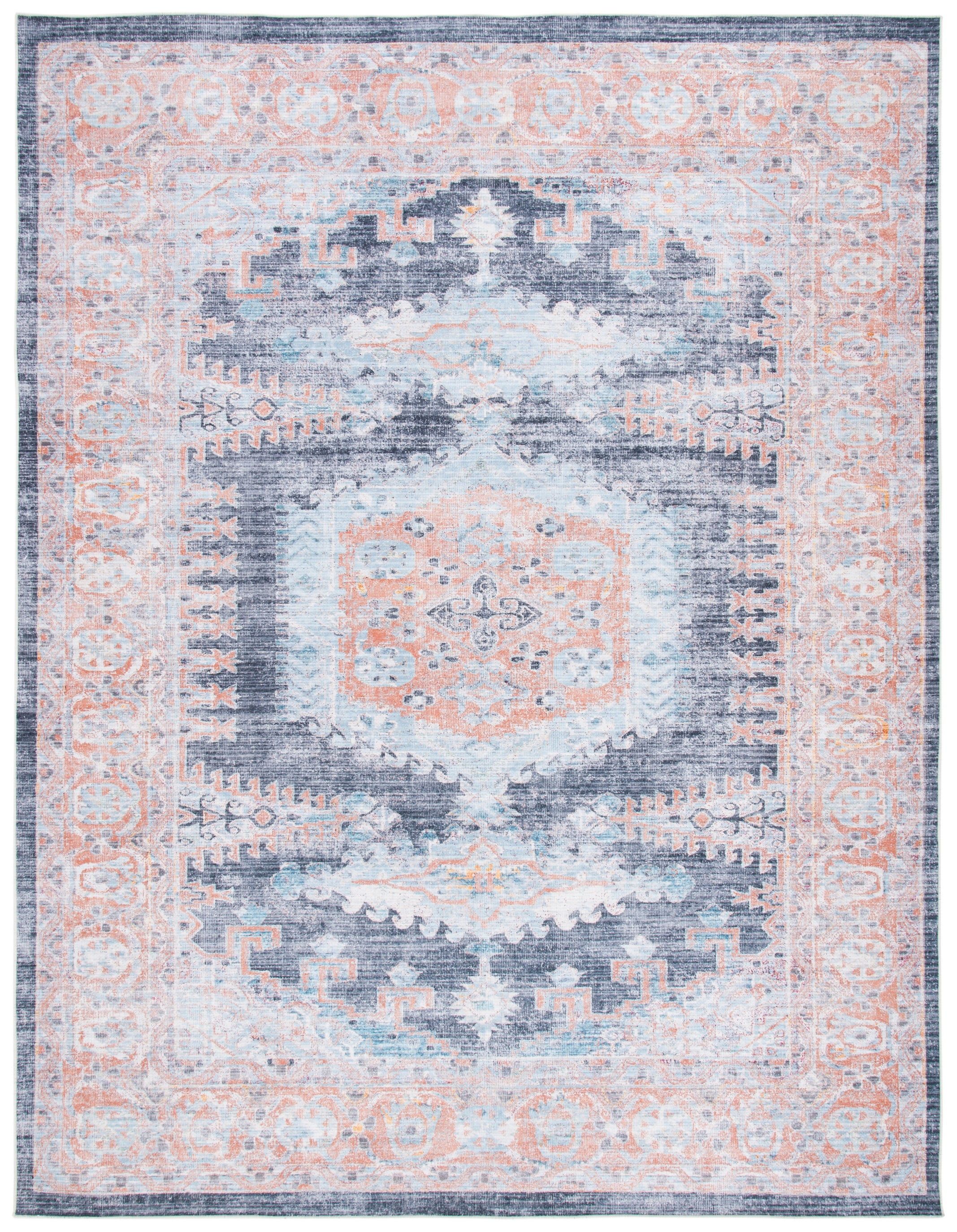 Blue and Terracotta 10' x 14' Washable Viscose Chenille Area Rug