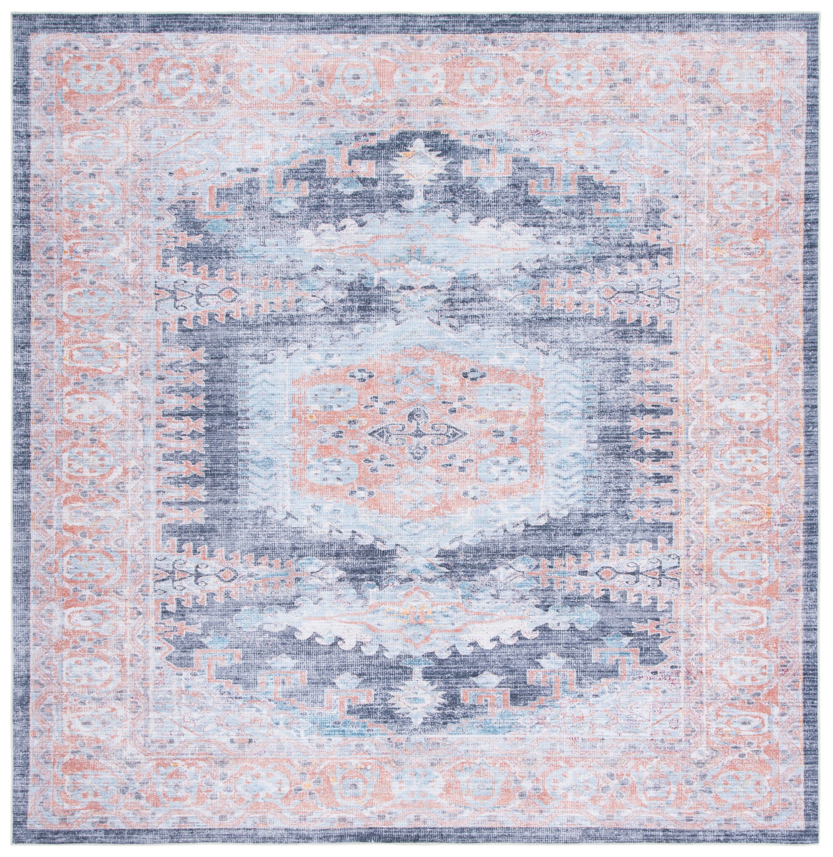 Serapi Blue and Terracotta Square Washable Area Rug