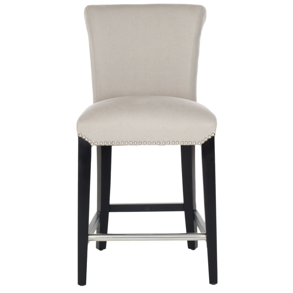 Transitional Beige Linen & Birch Wood Counter Stool with Nailhead Detail