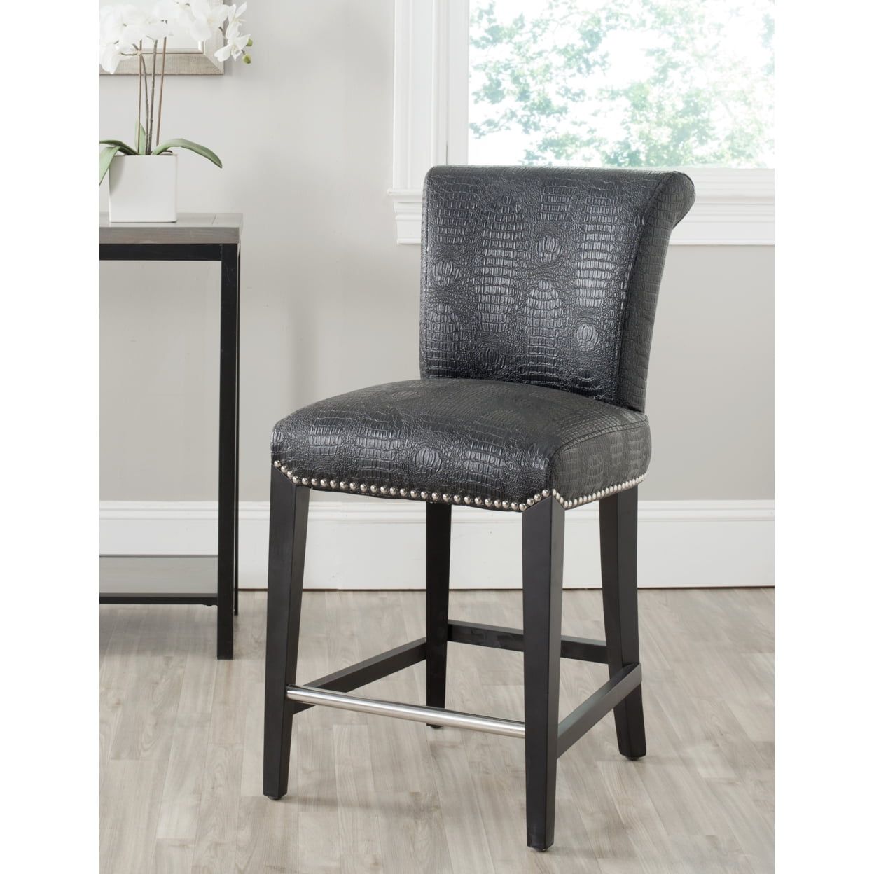 Transitional Birchwood Black Leather Counter Stool with Crocodile Pattern