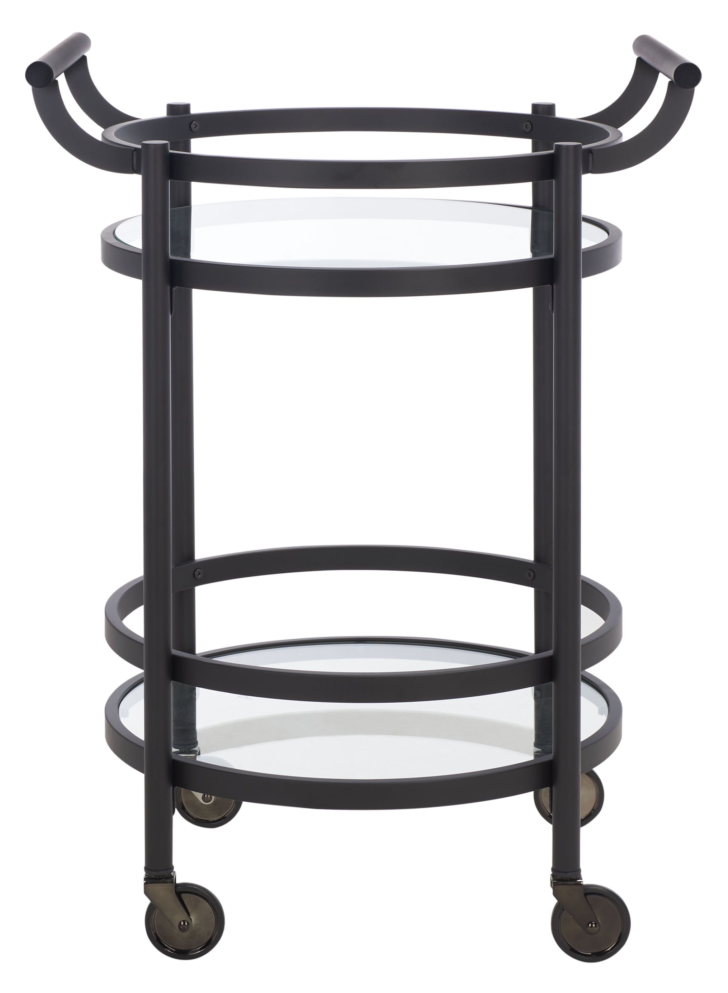 Contemporary Chic Matte Black Round Bar Cart with Glass Shelves