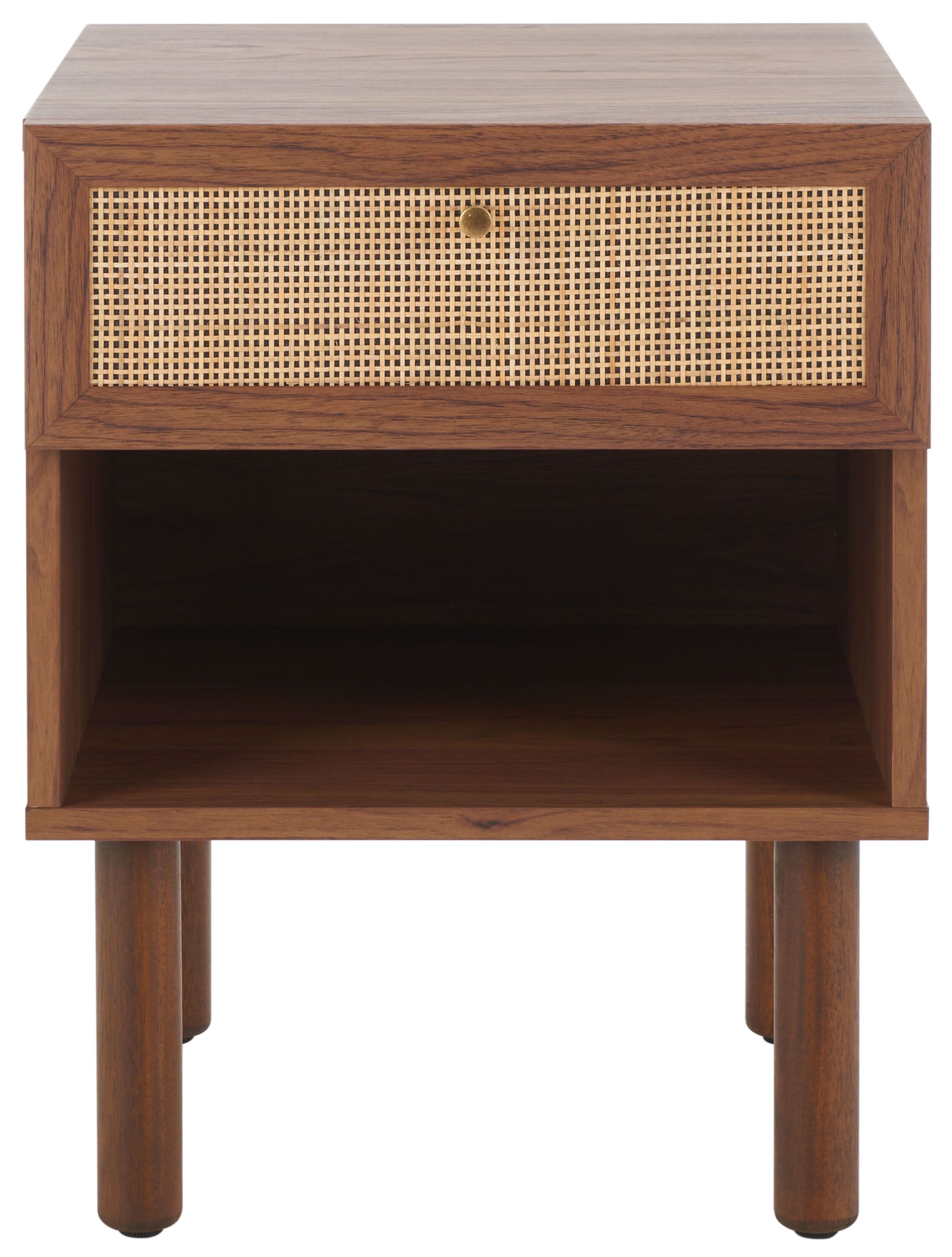 Walnut and Natural Rattan Nightstand with Drawer and Shelf