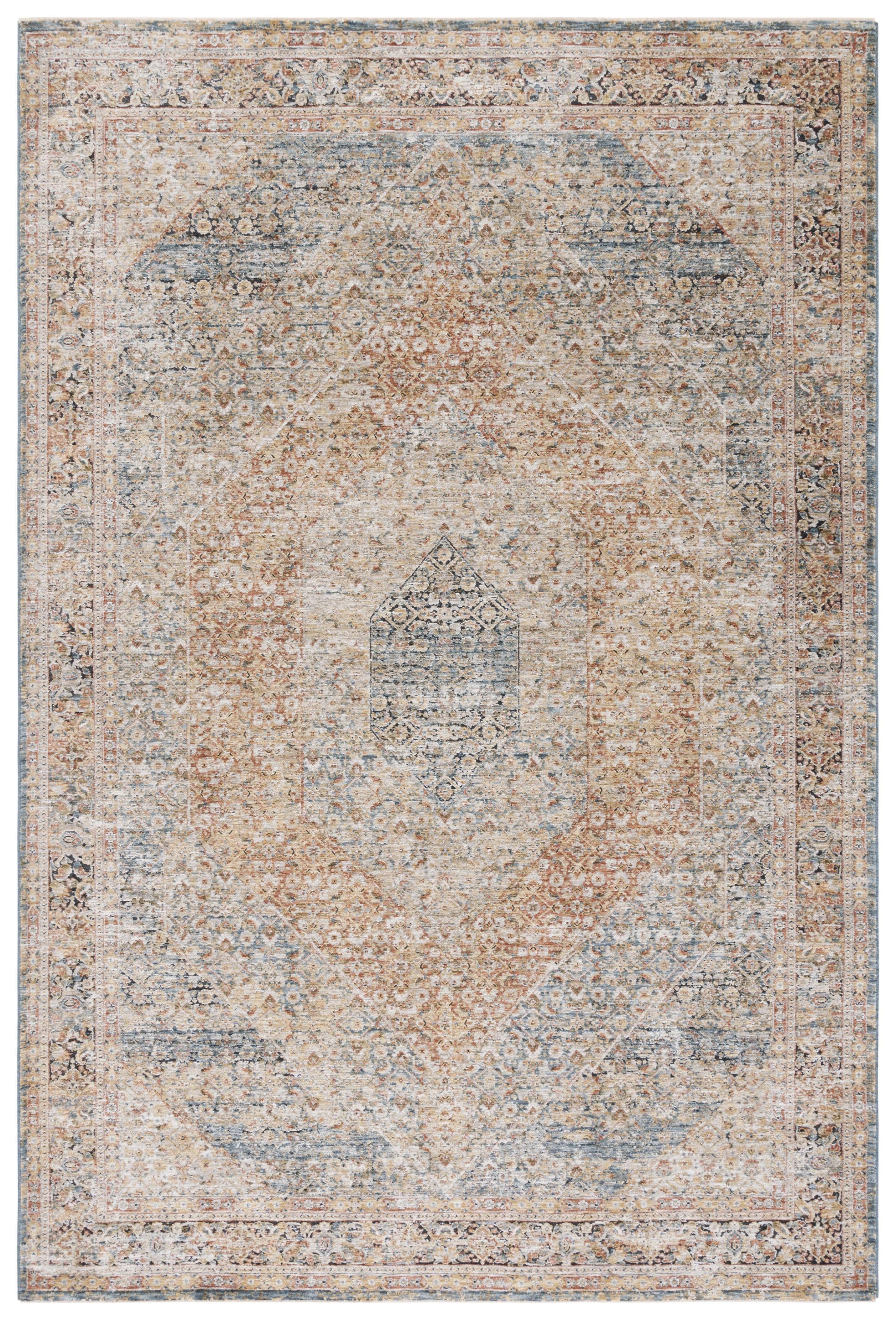 Blue and Rust Synthetic 9' x 12' Vintage Area Rug