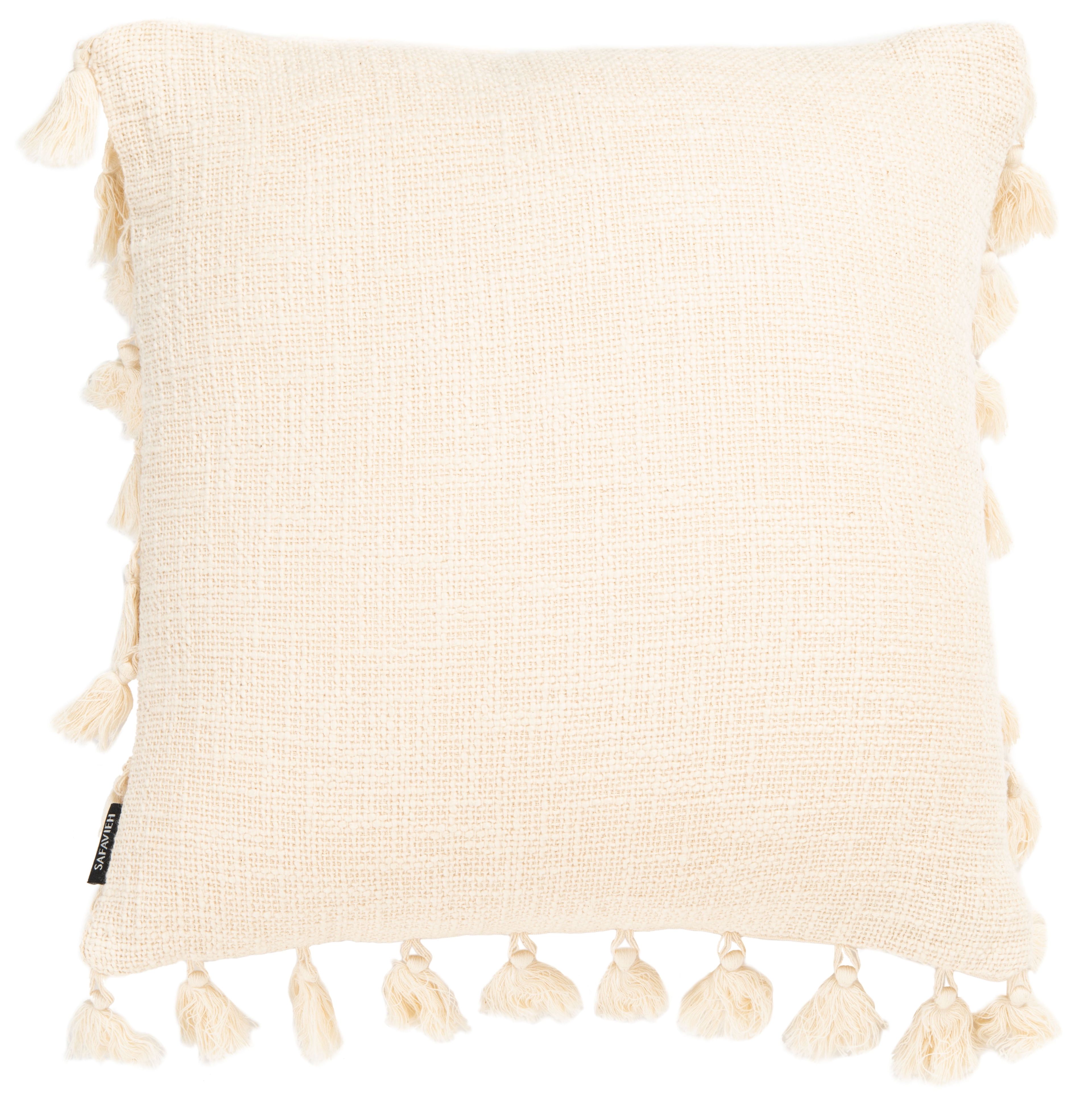 Beige Cotton Square Pillow with Tassel Accents