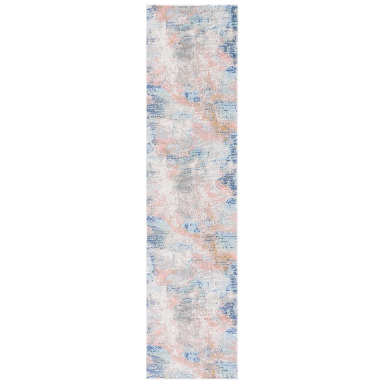 Beige Blue/Pink Distressed Synthetic Runner Rug, 2'2" x 9'