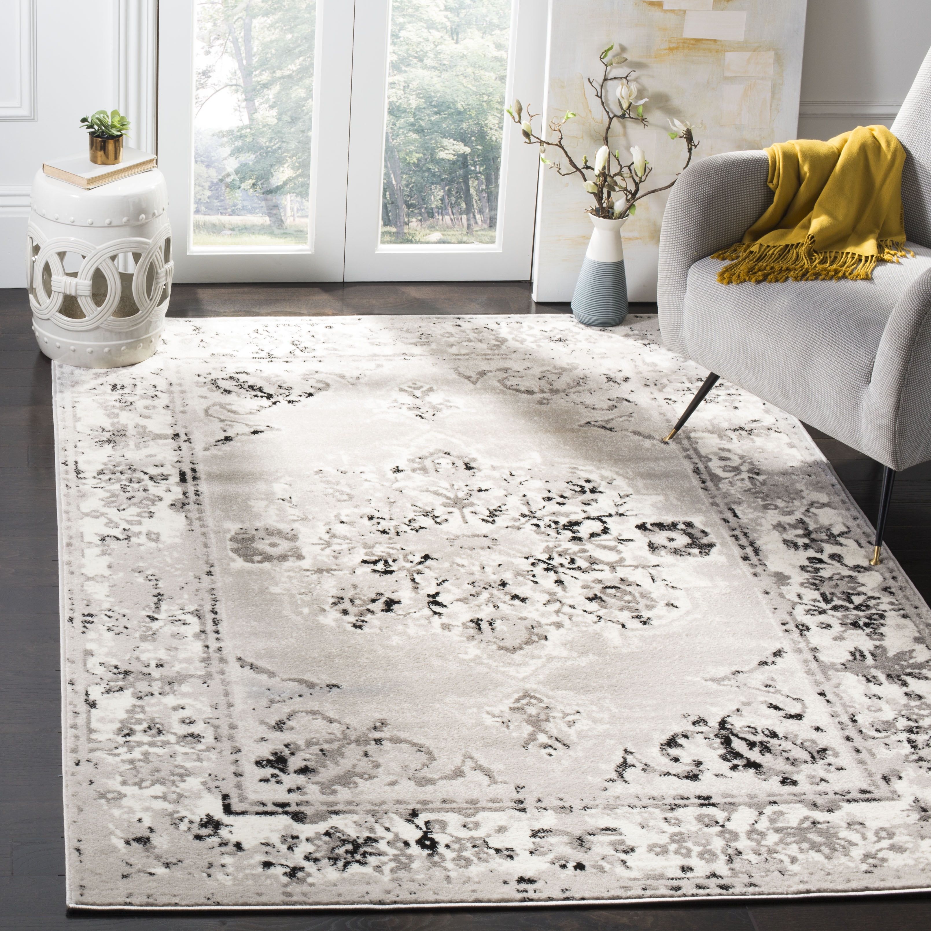 Silver Floral Reversible Rectangular 9' x 12' Area Rug