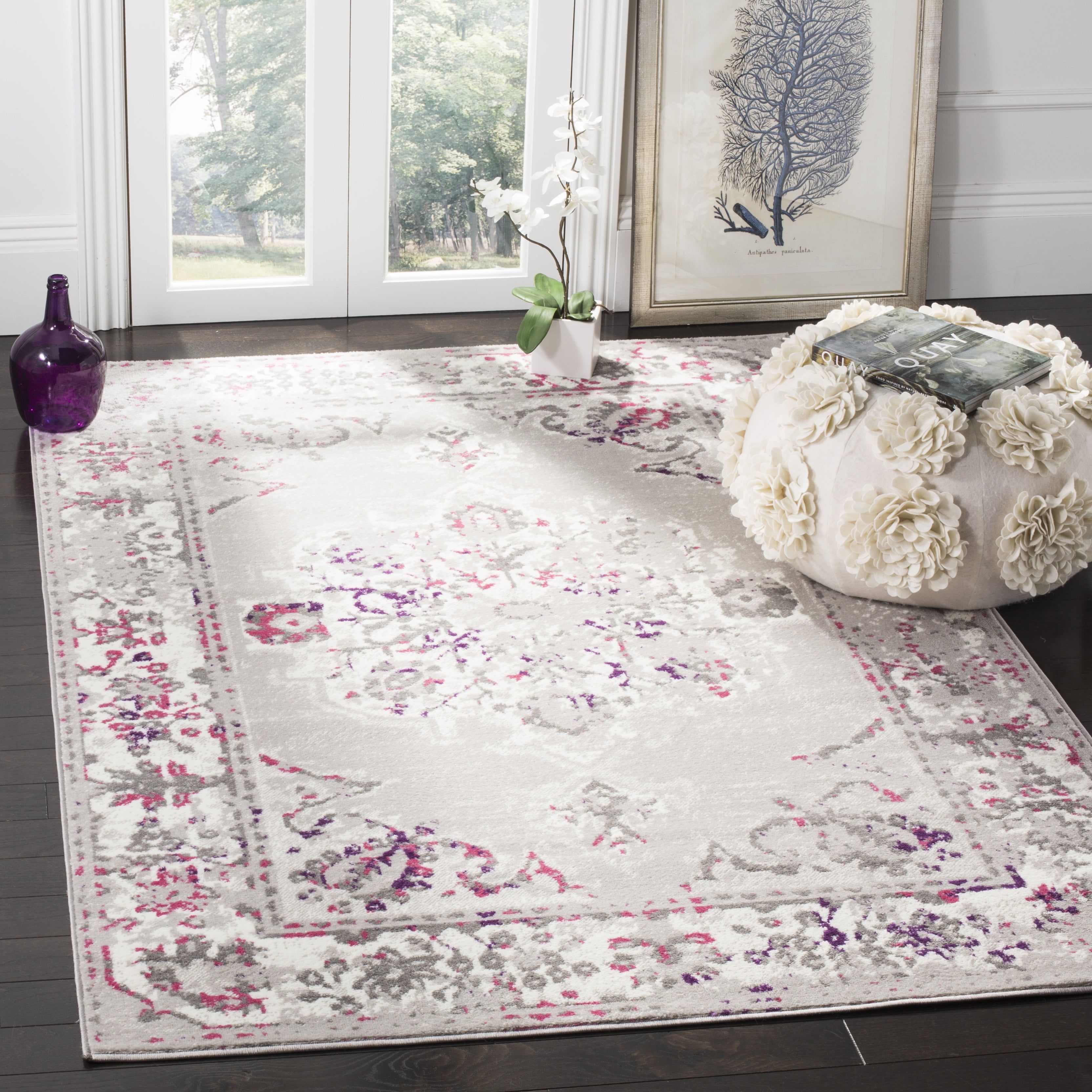 Gray and Pink Floral 9' x 12' Synthetic Area Rug