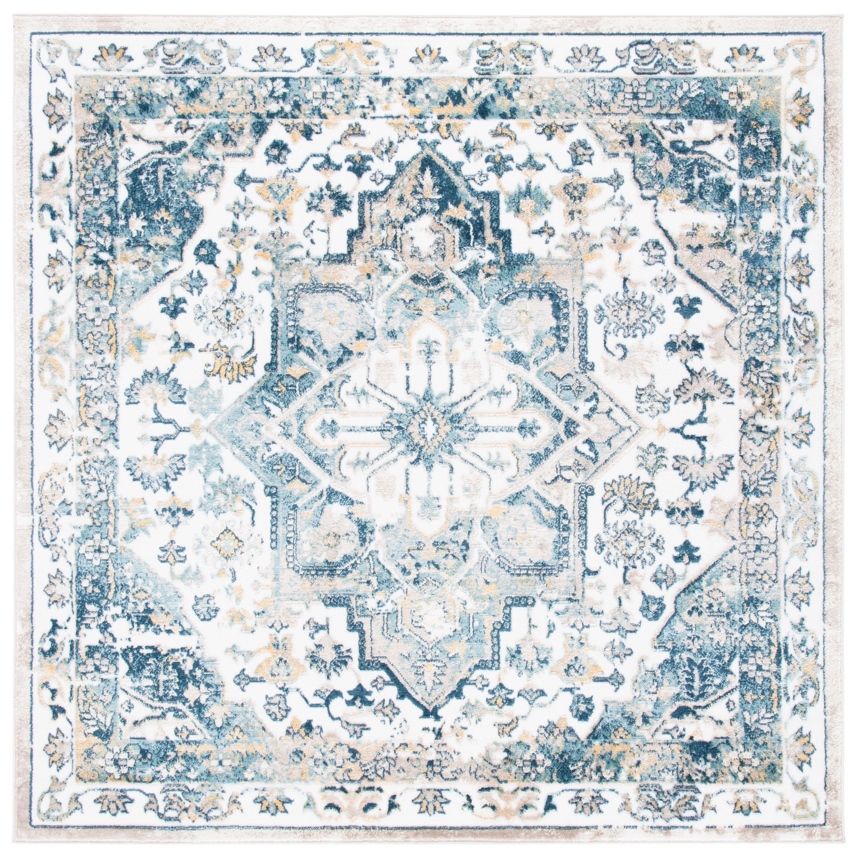 Ivory and Navy Square Medallion Stain-Resistant Synthetic Rug