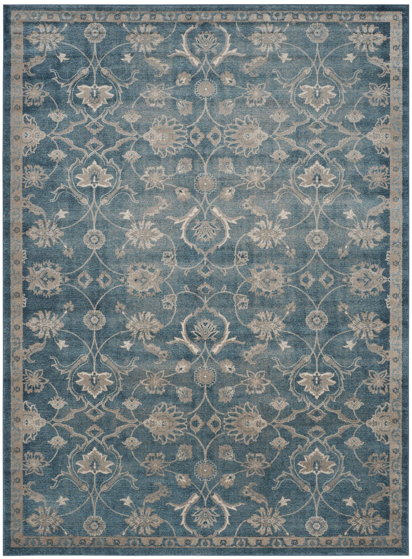 Blue and Beige Floral Synthetic 10' x 14' Reversible Area Rug