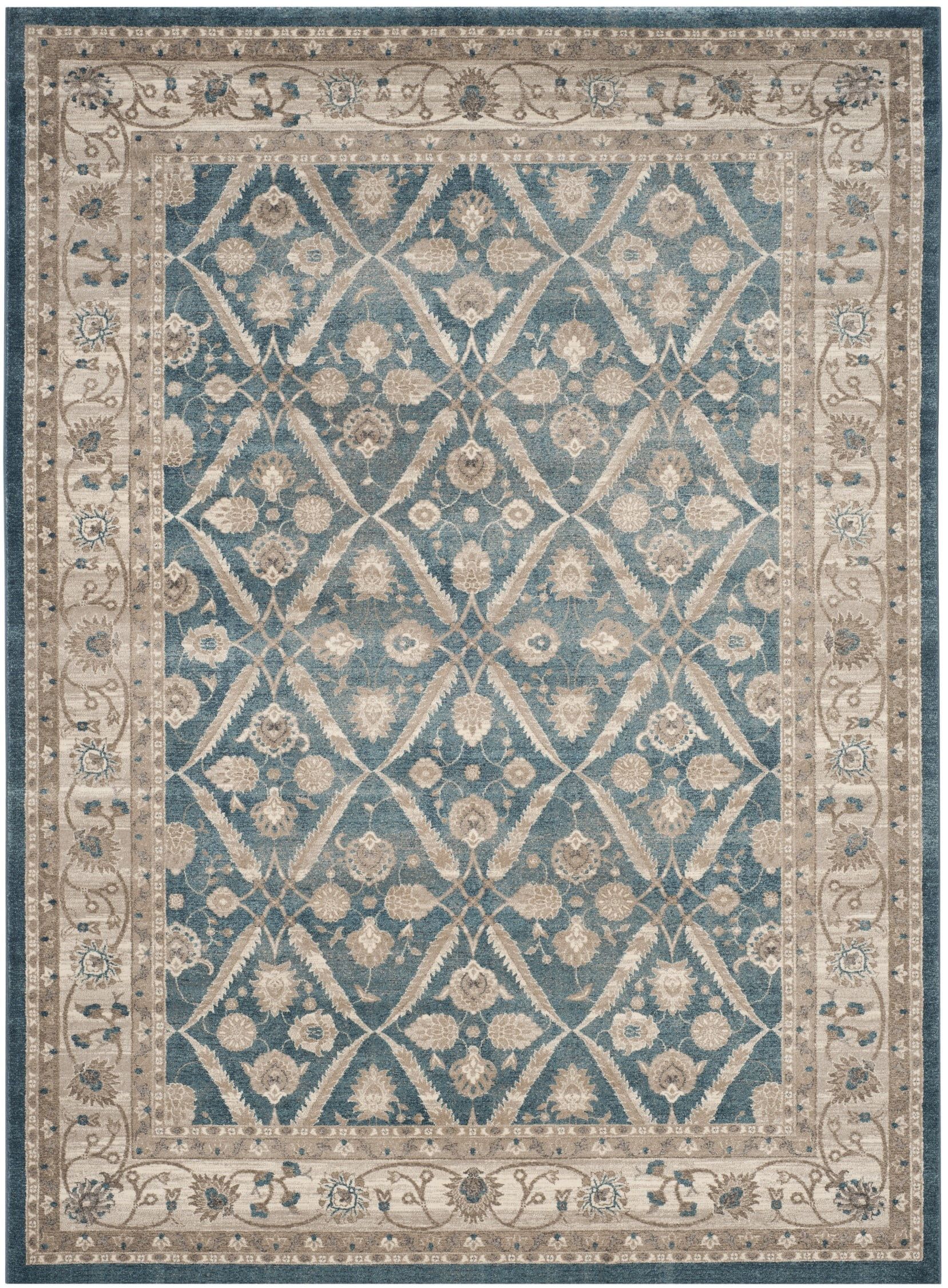 Navy and Beige Floral Border Synthetic Area Rug, 9' x 12'