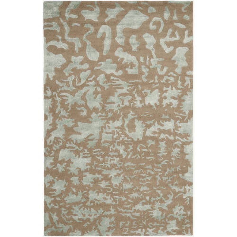 Taupe and Light Blue Handmade Wool and Viscose Area Rug, 5' x 8'