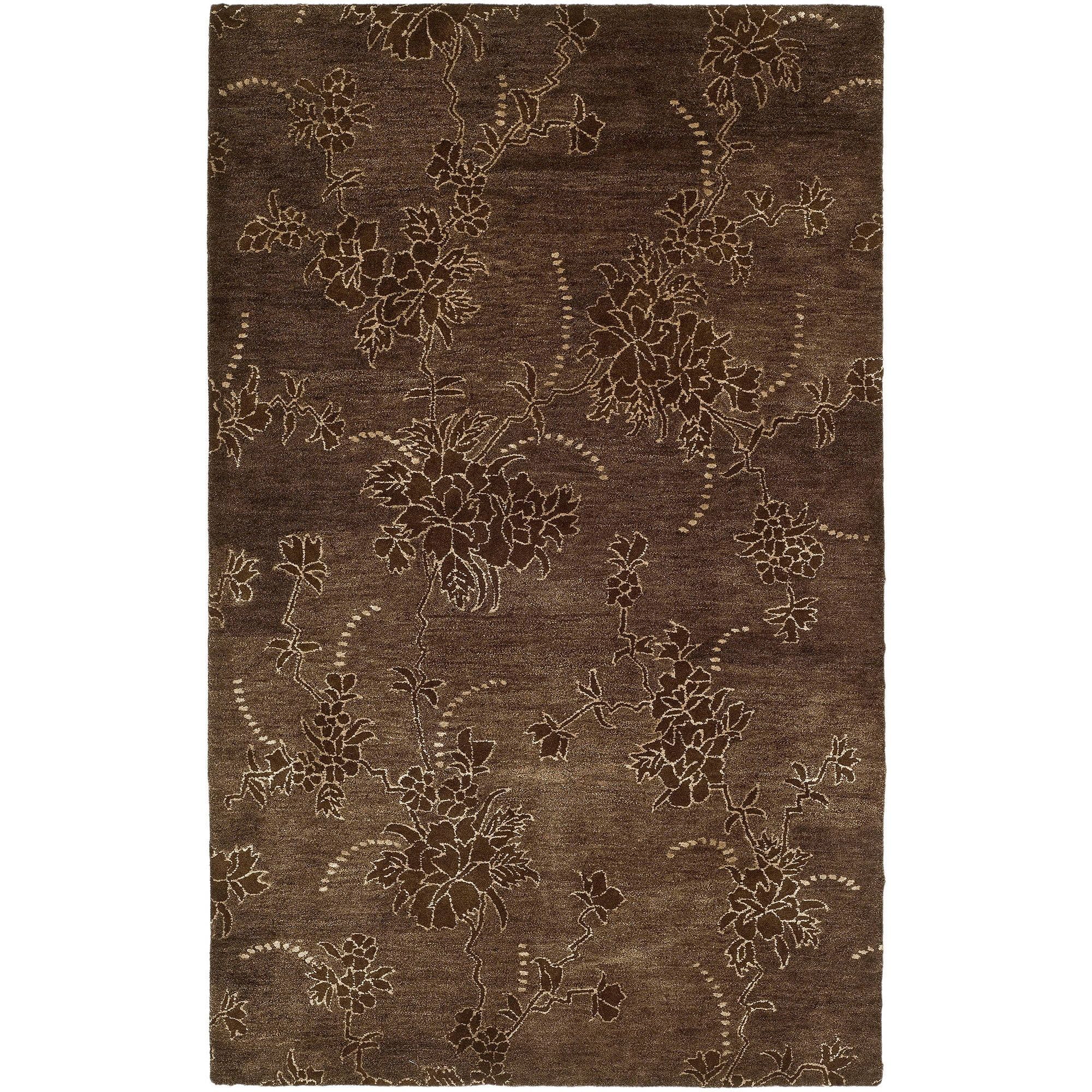 Handmade Brown Floral Wool and Viscose Area Rug, 3'6" x 5'6"