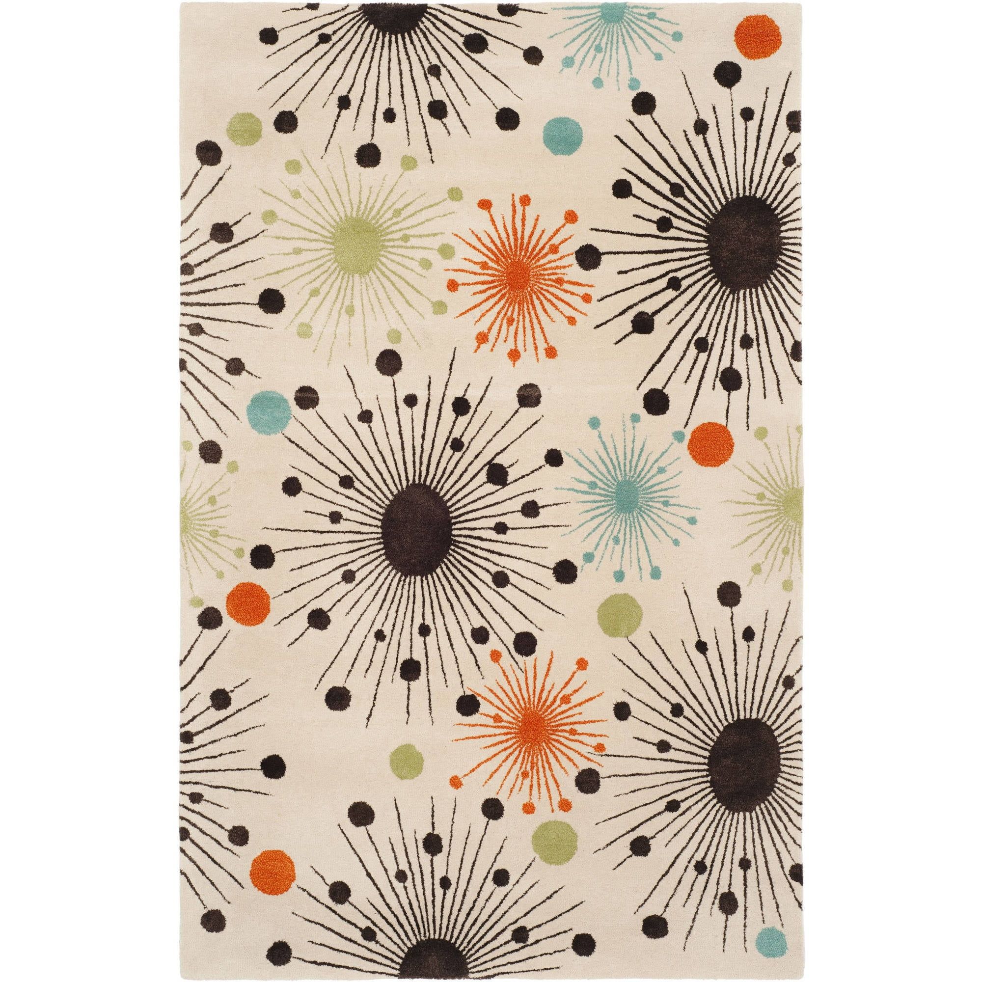 Ivory and Multicolor Tufted Wool Area Rug, 5' x 8'