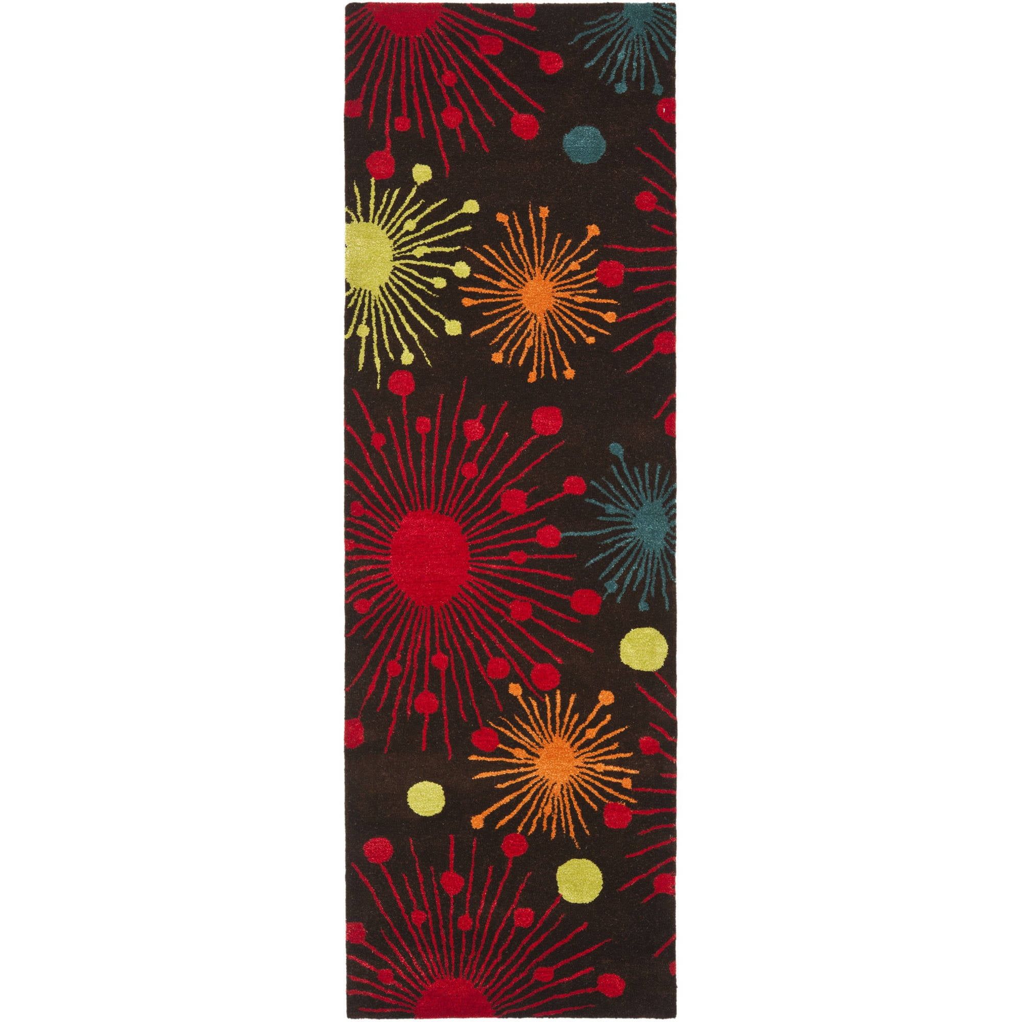 Brown and Multicolor Wool and Viscose Fireworks Runner Rug, 2'6" x 8'