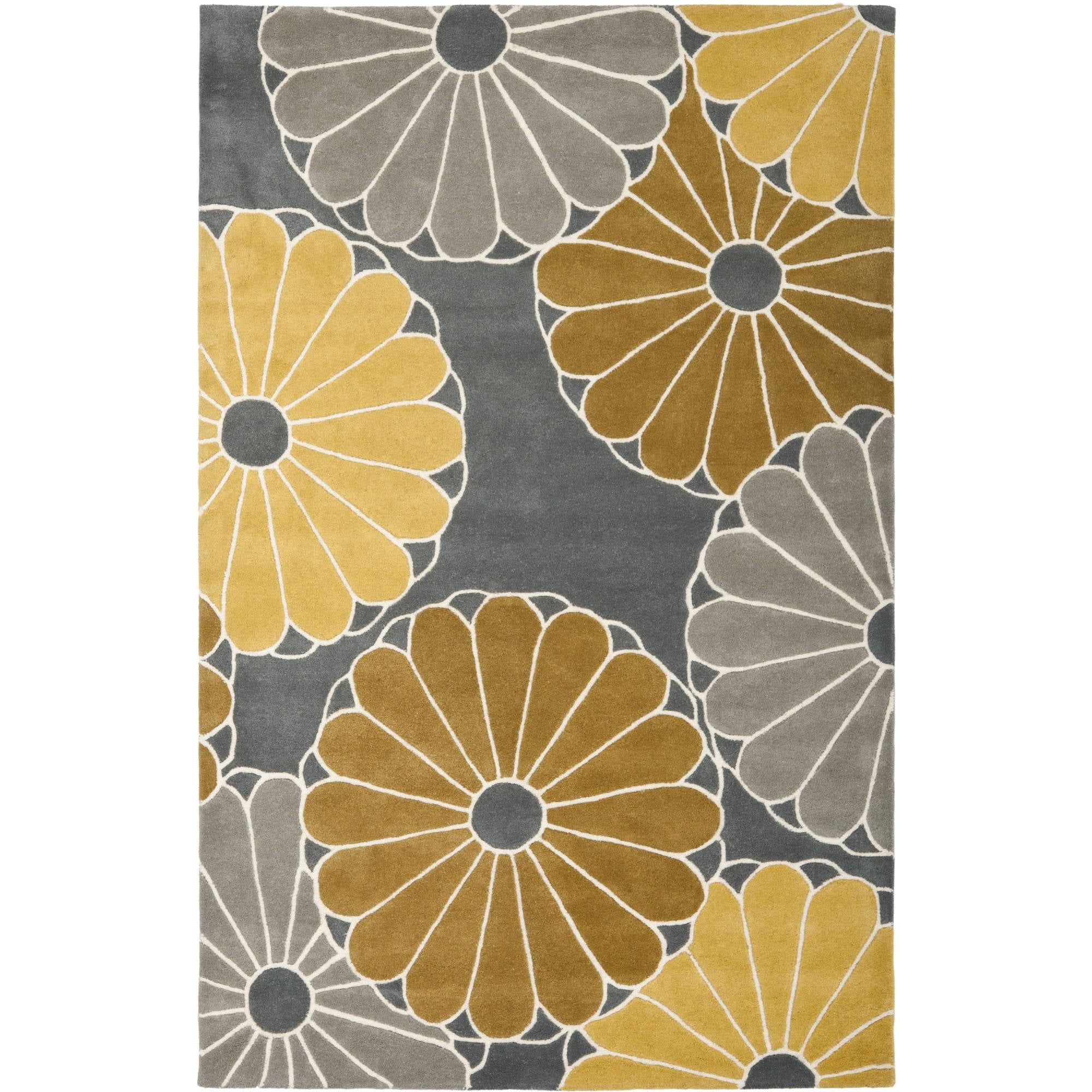 Gray and Yellow Floral Tufted Wool Area Rug, 3'6" x 5'6"