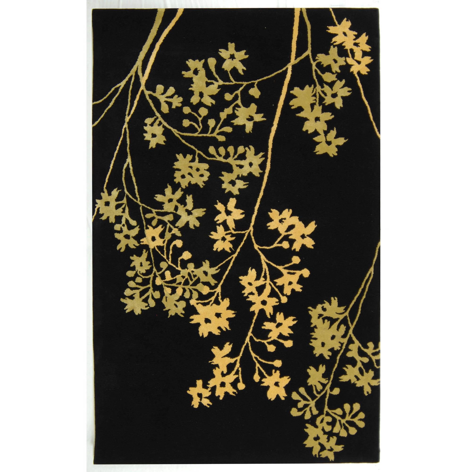 Black and Lime Floral Handmade Wool Area Rug 6' x 9'