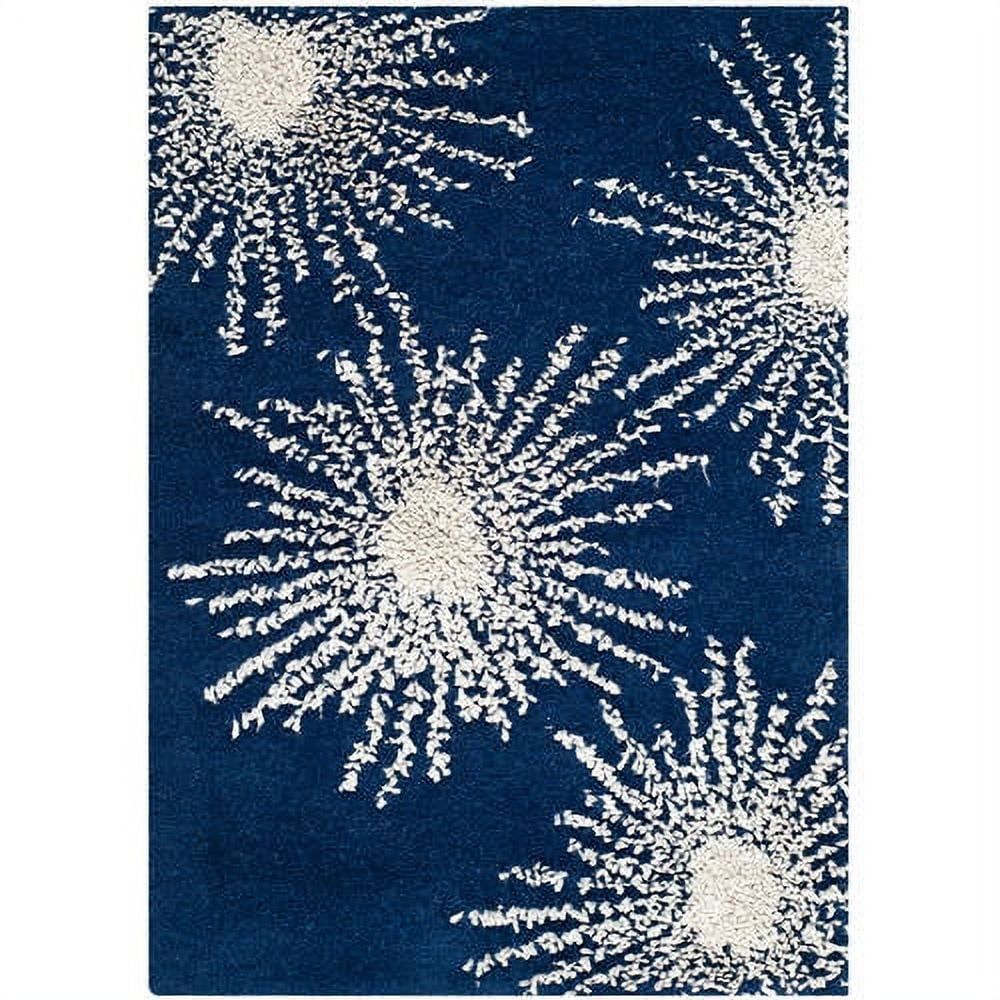 Hand-Tufted Artisan Dark Blue and Ivory Wool-Viscose Blend Area Rug, 2' x 3'