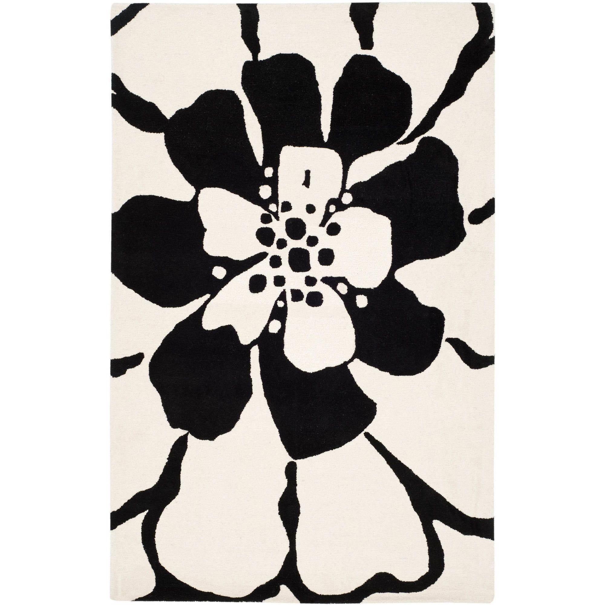 Handmade Black and White Floral Wool and Viscose Rug, 5' x 8'