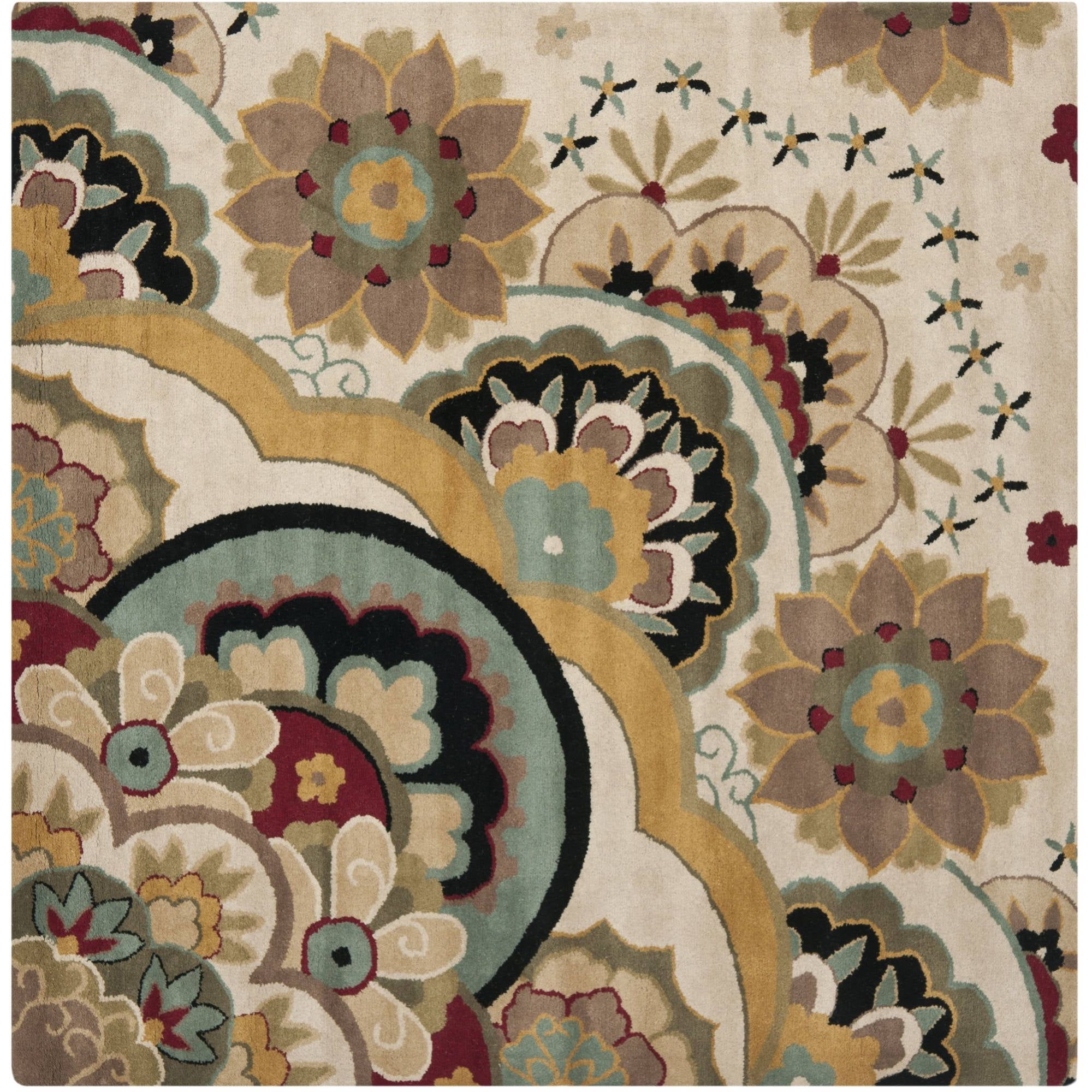 Ivory and Multicolor Tufted Handmade Wool Square Rug