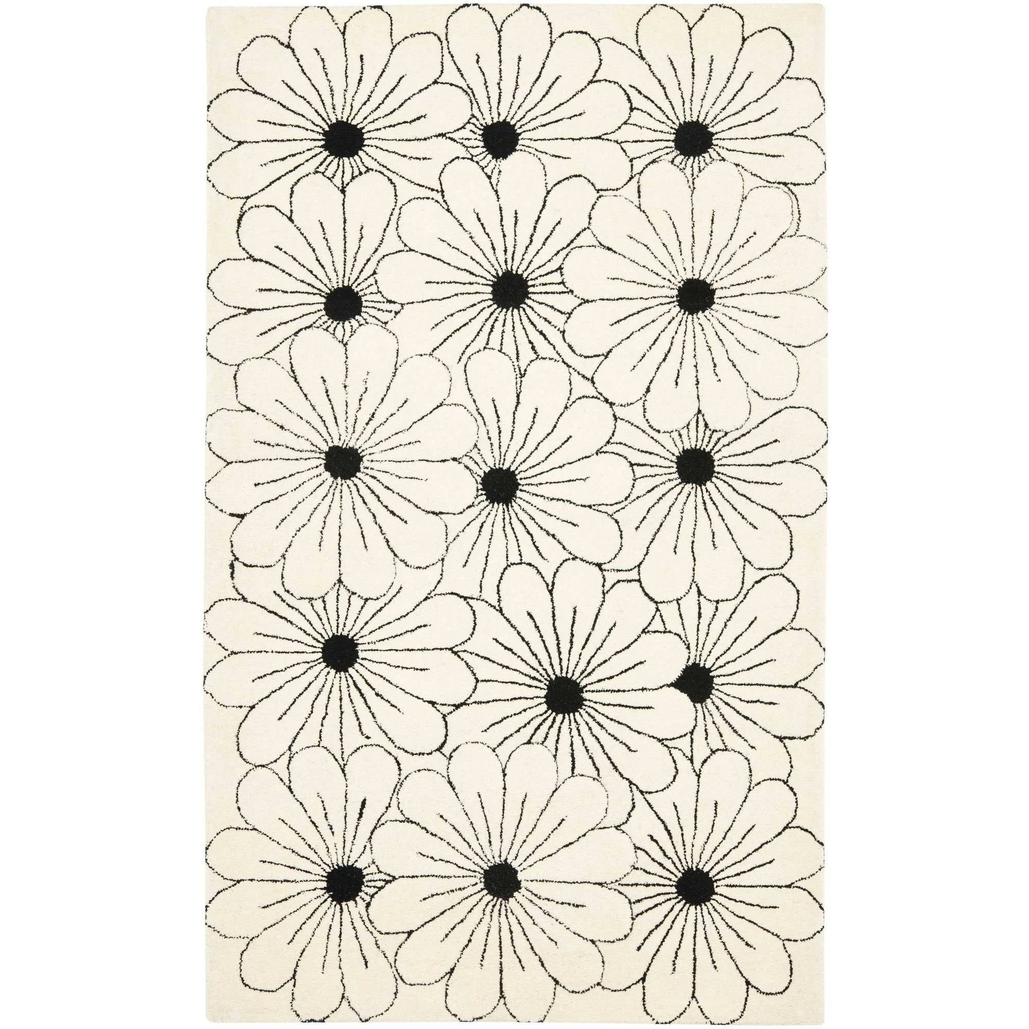 Ivory and Black Tufted Wool Floral 5' x 8' Area Rug