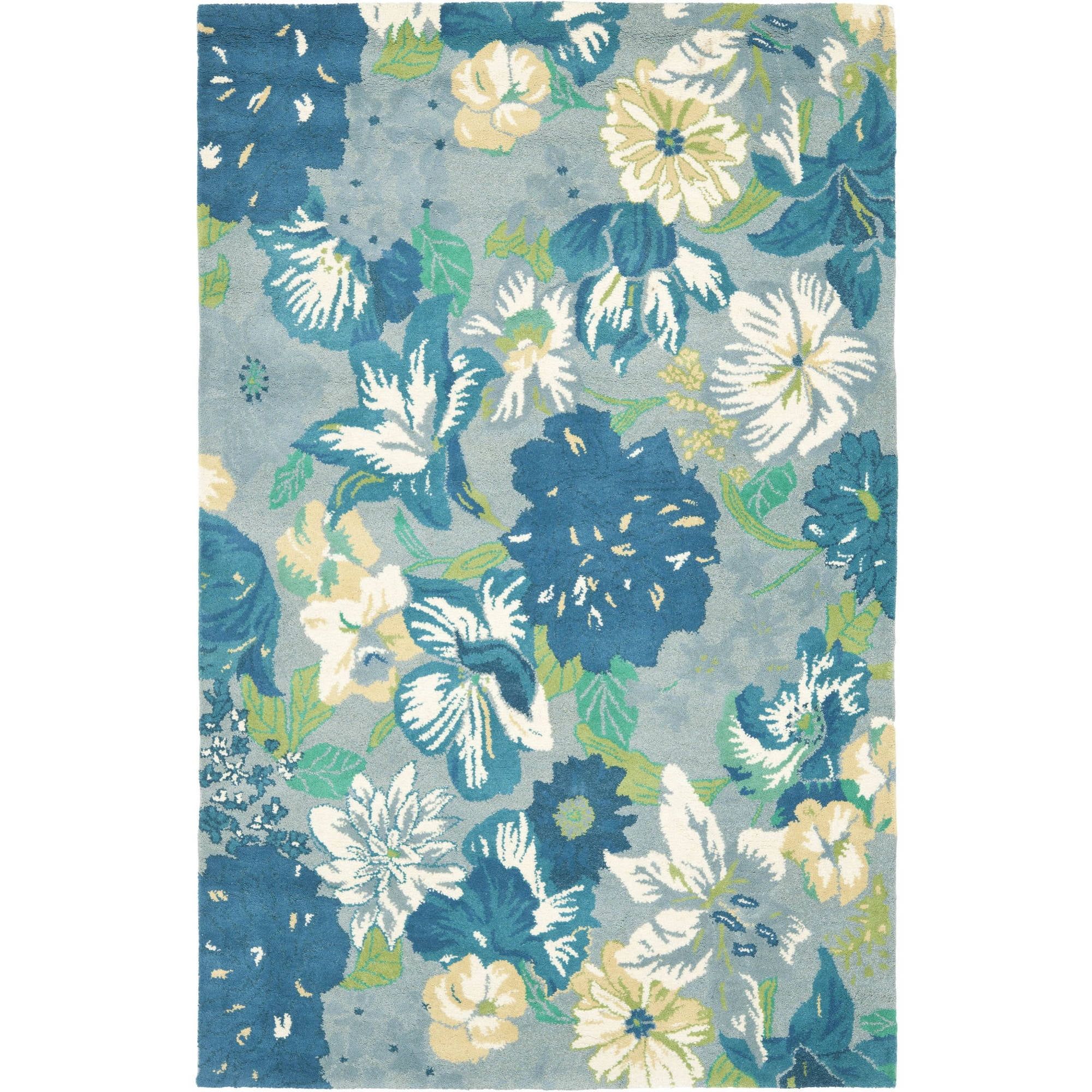 Handmade Tufted Blue Floral Wool and Viscose Area Rug