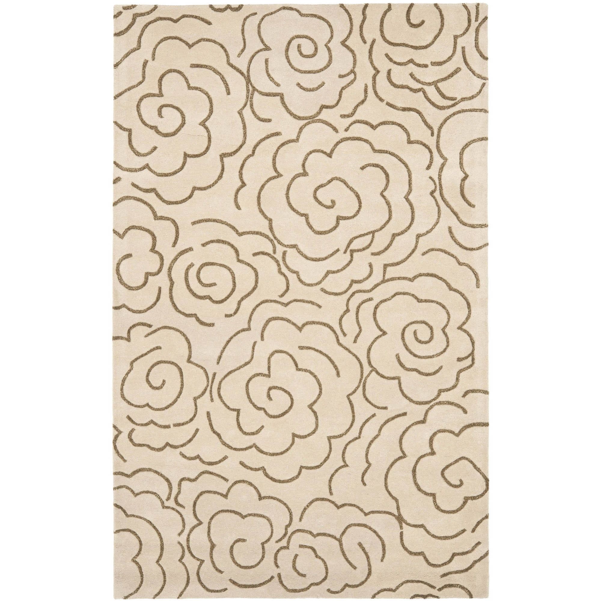 Beige Floral Tufted Wool Area Rug 3'6" x 5'6"