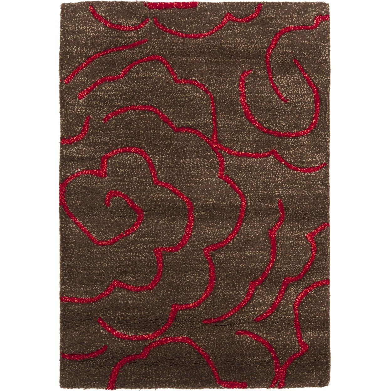 Chocolate and Red Floral Wool Handmade 2' x 3' Area Rug