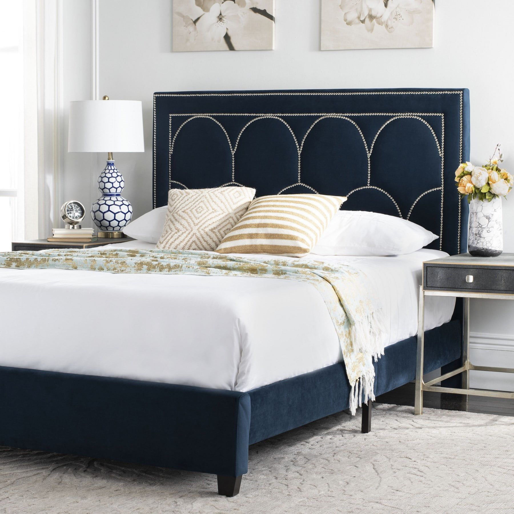 Navy Velvet Queen Platform Bed with Nailhead Trim