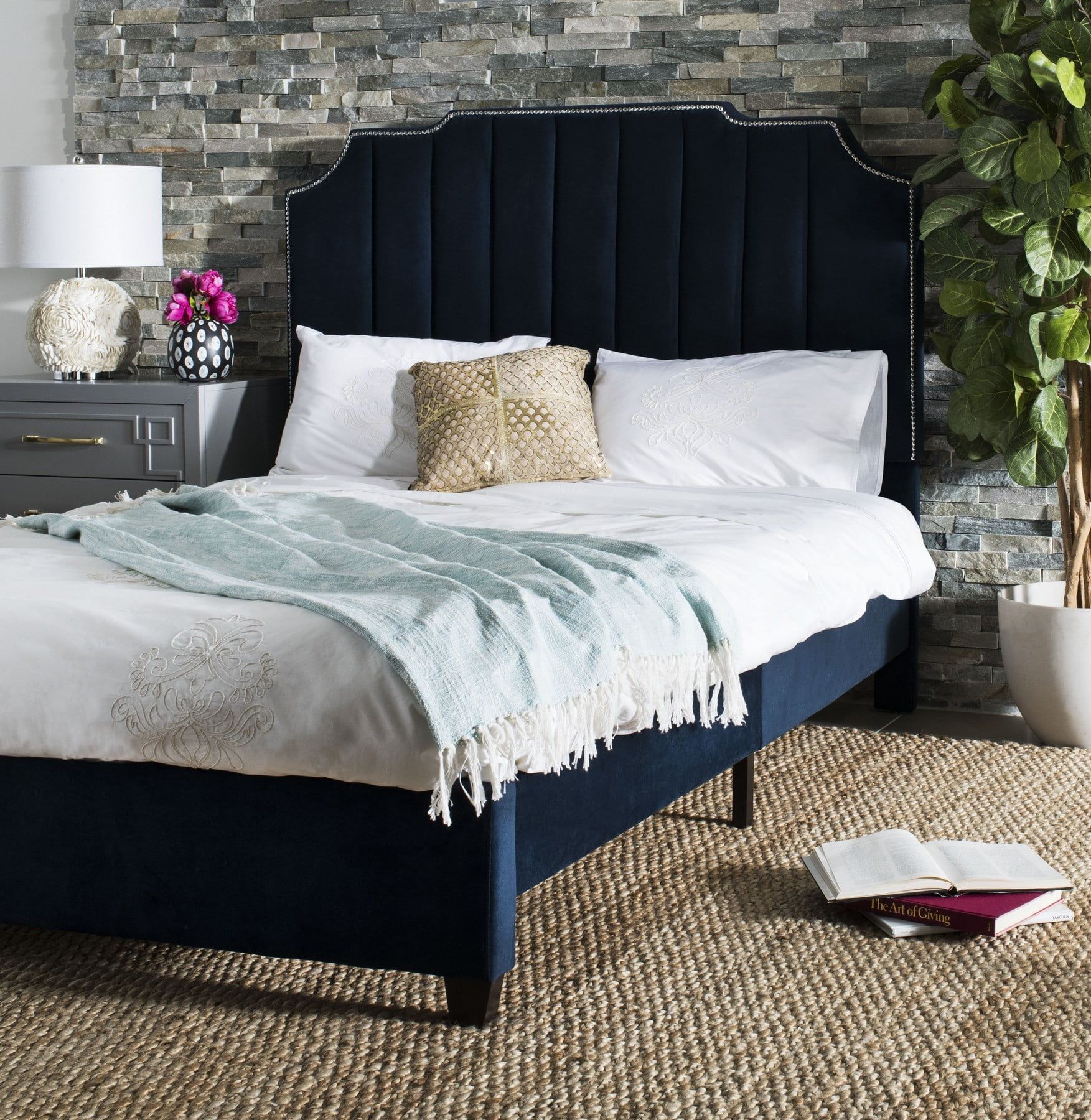 Elegant Navy Full-Size Velvet Upholstered Platform Bed with Nailhead Trim