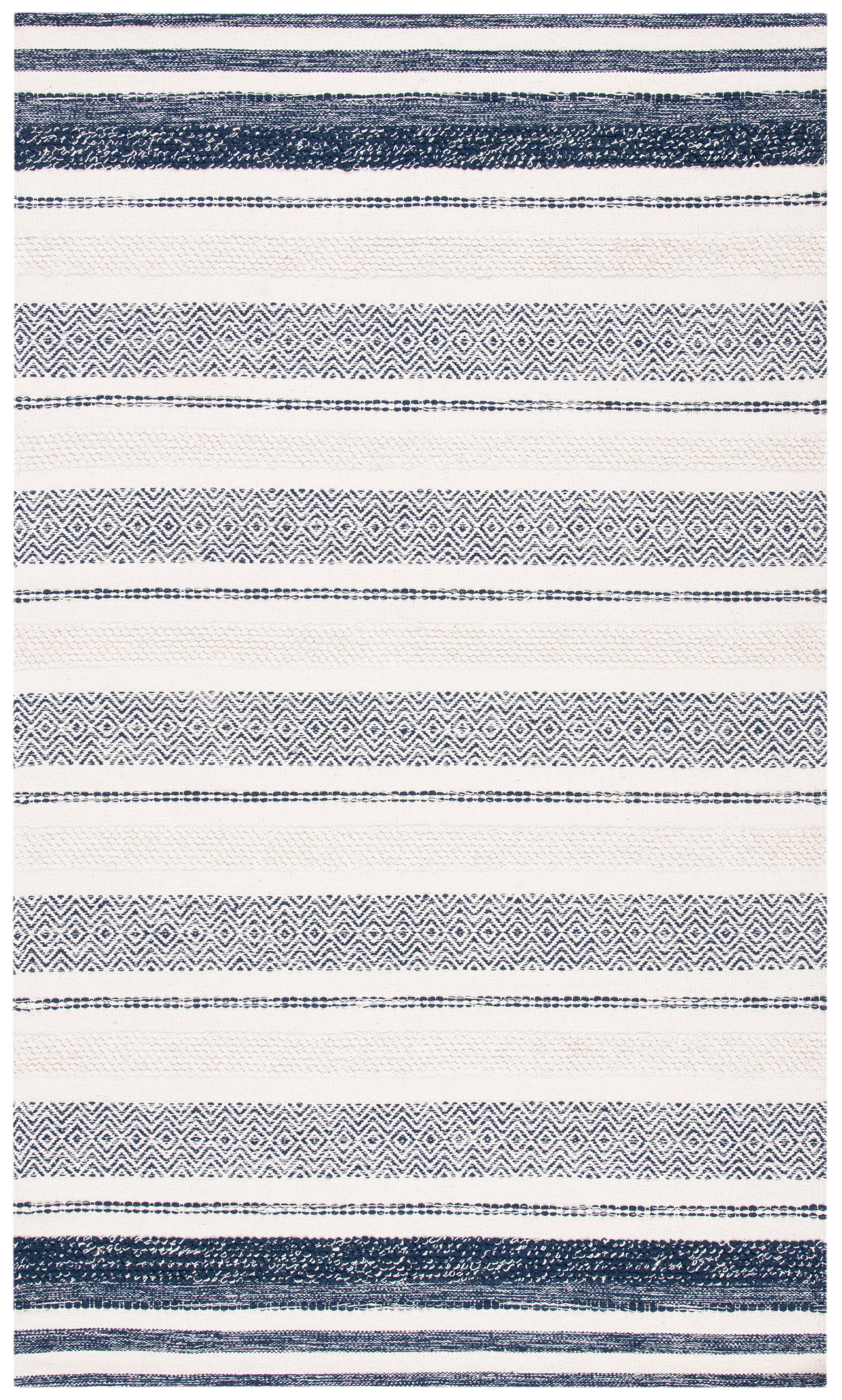 Ivory and Navy Striped Wool Flat Woven Area Rug, 9' x 12'