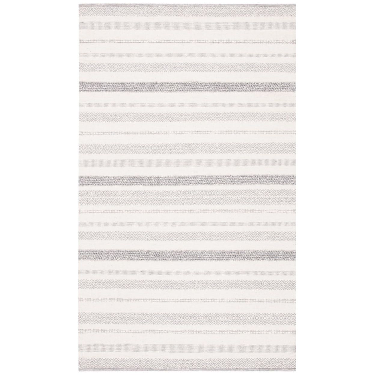 Ivory and Grey Striped 9' x 12' Wool Cotton Area Rug