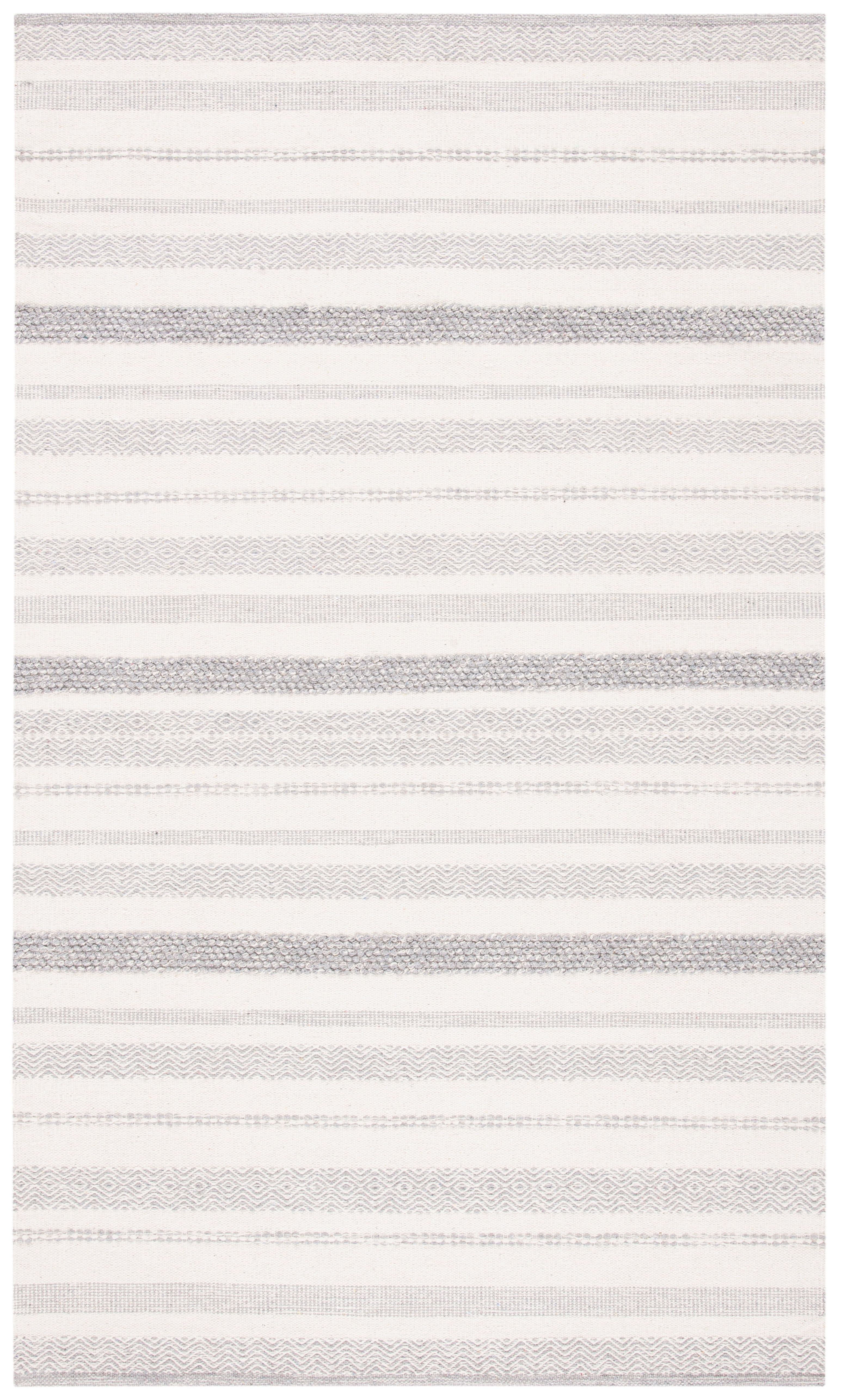 Ivory and Grey Striped 9' x 12' Wool Cotton Area Rug