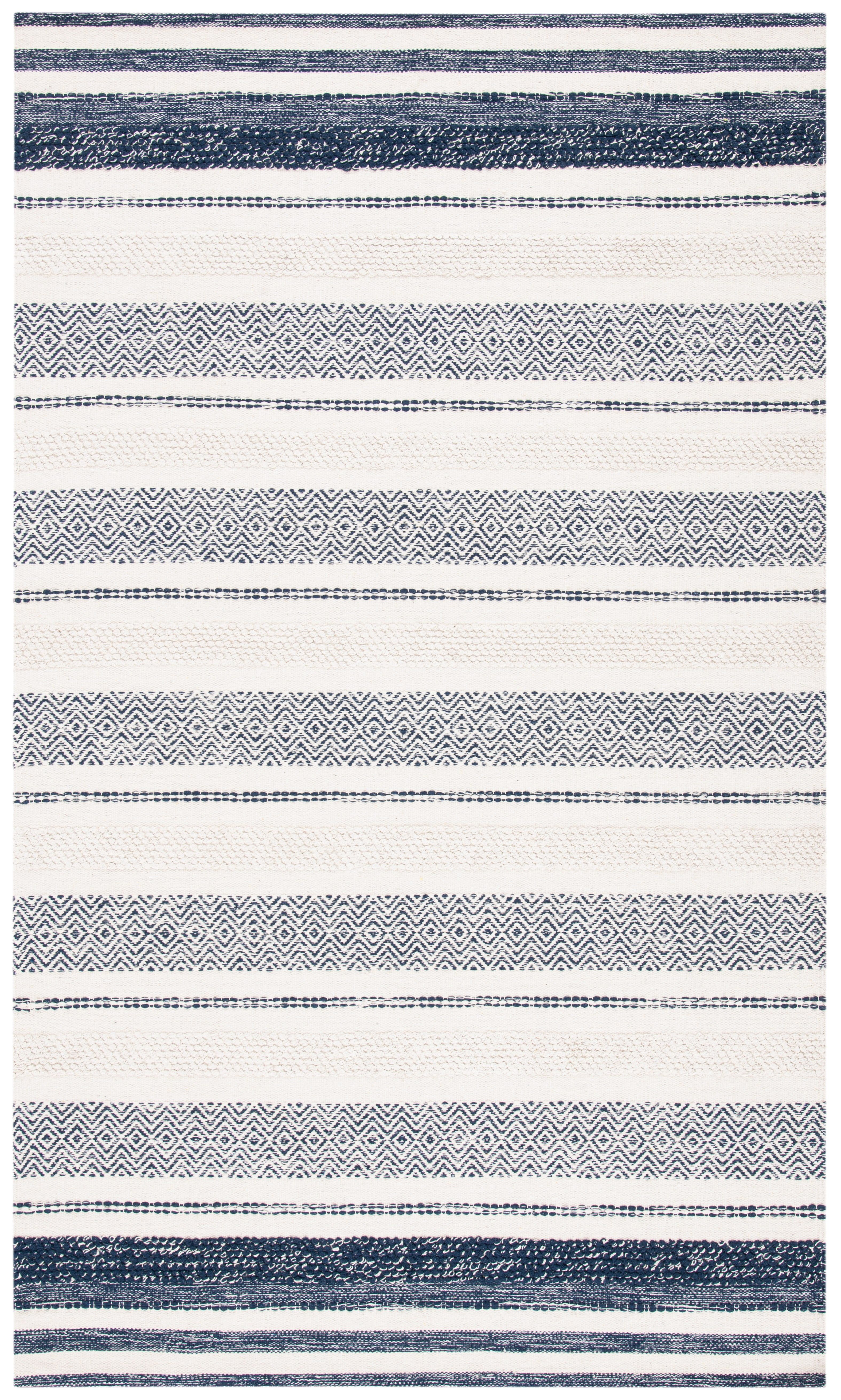 Ivory and Navy Striped Wool Flat Woven Area Rug, 9' x 12'